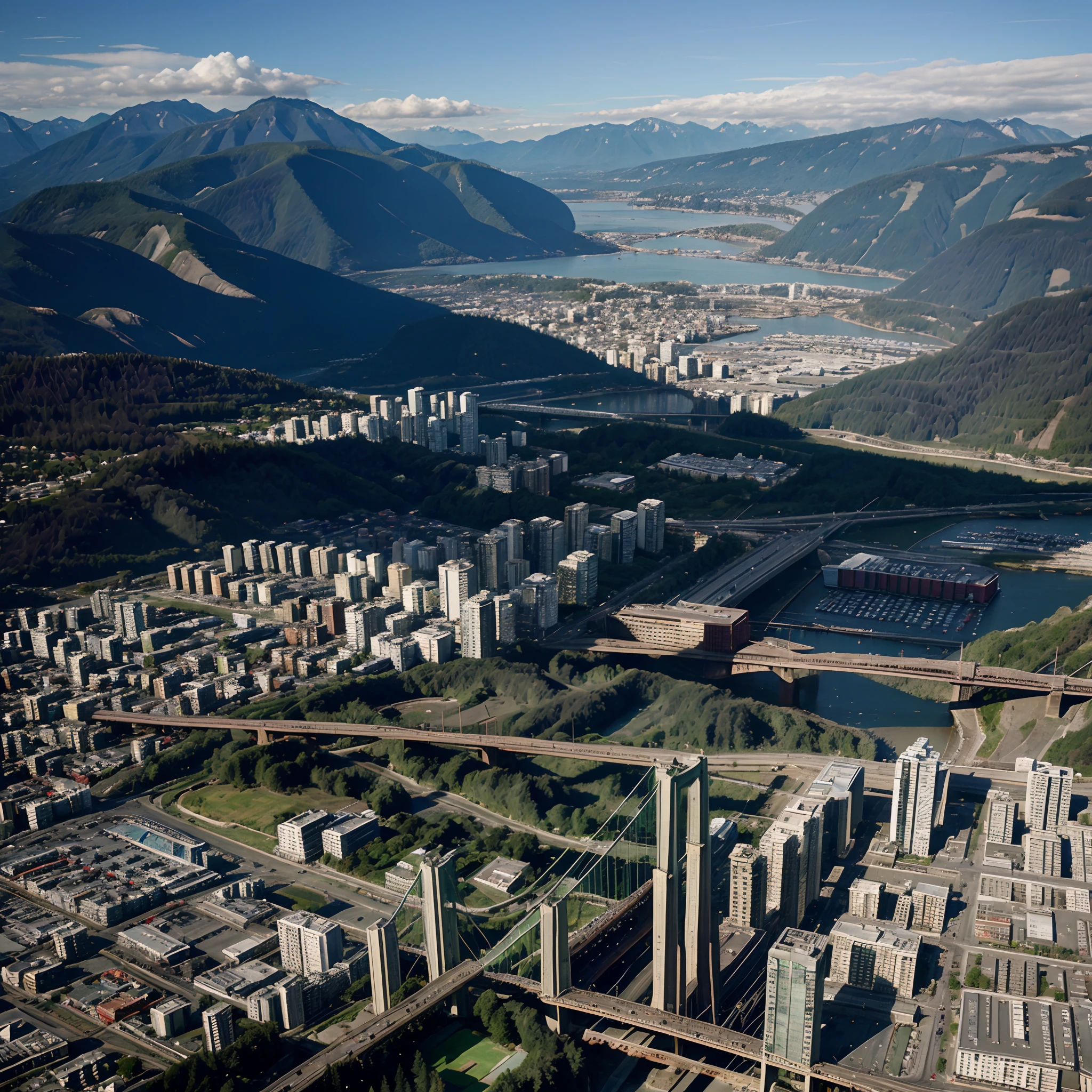 Vancouver, Canada: The Lions Gate Bridge and a mix of high-rise buildings overlooking the mountains and the Pacific Ocean.
