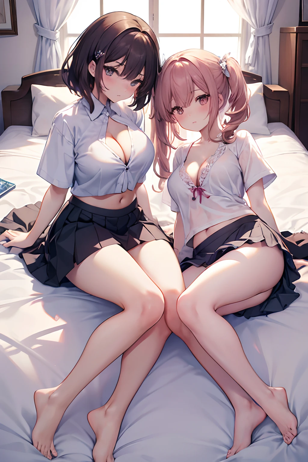((top-quality)), ((masterpiece)), (detaileds: 1.4),Anatomical, award-winning concept art, Beautiful fece, finely detail, 2 girls in, Full body painting, From head to knee, Cute underwear, pretty Panties, a miniskirt, white panties,,, skirt rift, red blush, A dark-haired, Classroom, a navel, Clothes Lift ,, looking at away, shortsleeves, huge tit、cleavage of the breast、Futomo、Lying on your back on the bed、