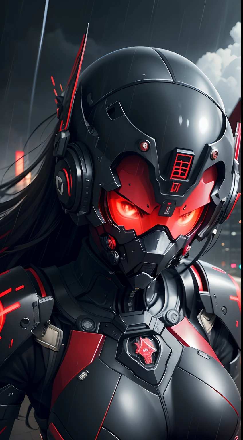 1 japanese girl, War Frame, Complex pattern, heavy metal, energy line, Faceless, Glowing eyes, Elegant, Formidable, Blood red and black uniform, Solo, Modern, city, A city scape, dark clouds, thunderstorm, Heavy rain,, Dramatic Lighting,, (masutepiece:1.2), Best Quality, High resolution,   Beautiful detailed, Extremely detailed, Perfect Lighting,