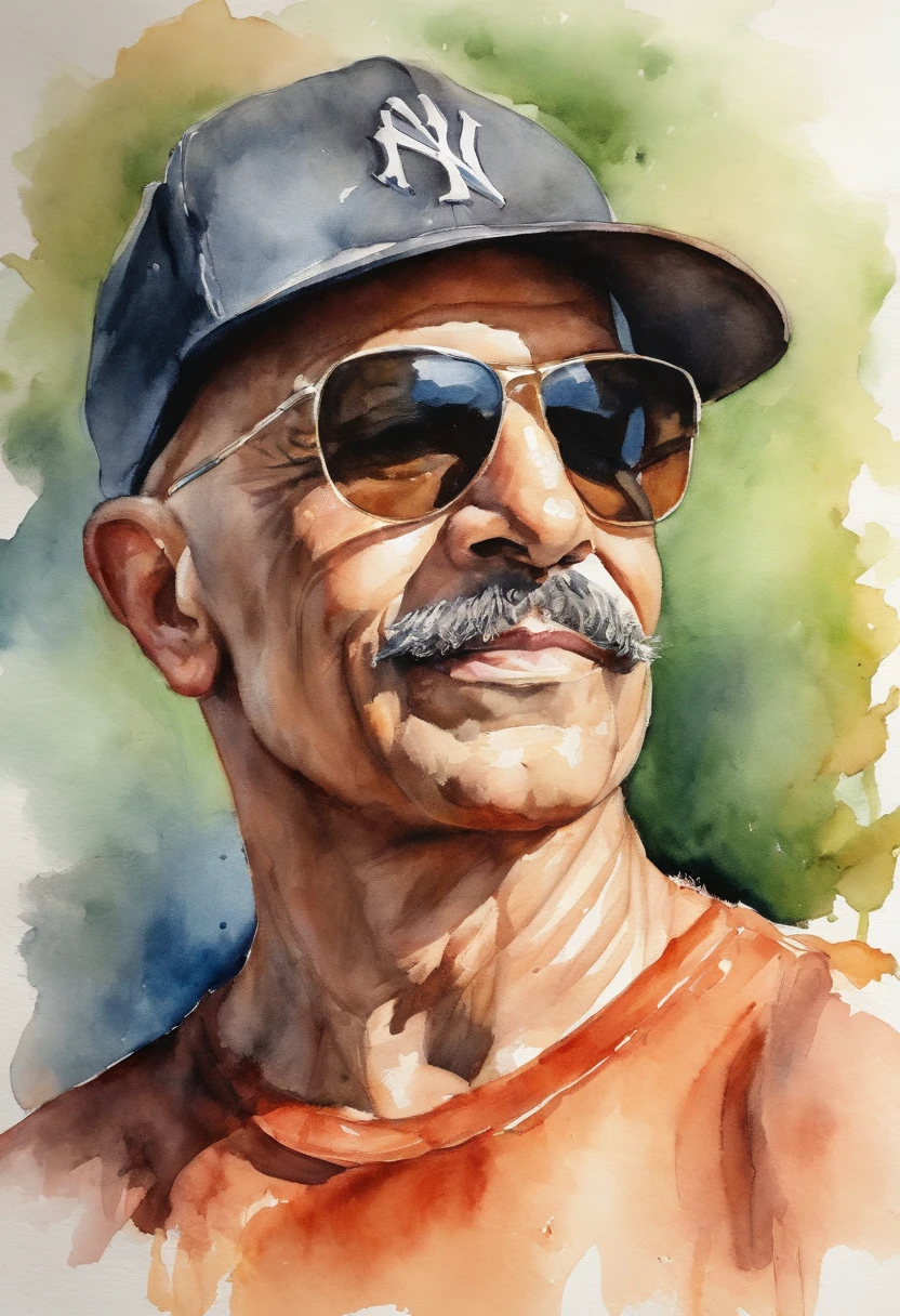 0--old man, bald, artistic portrait, short thick mustache, sun glasses, baseball cap, black t-shirt