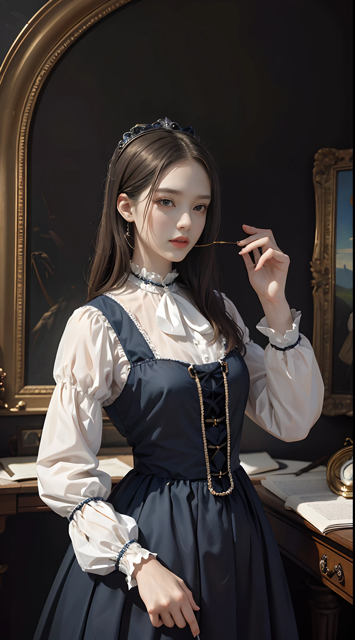 (Pure color: 0.9), (Color: 1.1), (Masterpiece: 1,2) 30 years old, Best quality, Masterpiece, high resolution, Original, highly detailed wallpaper, Beauty, Victorian, dress, Melancholy, marron marron, 30 years old