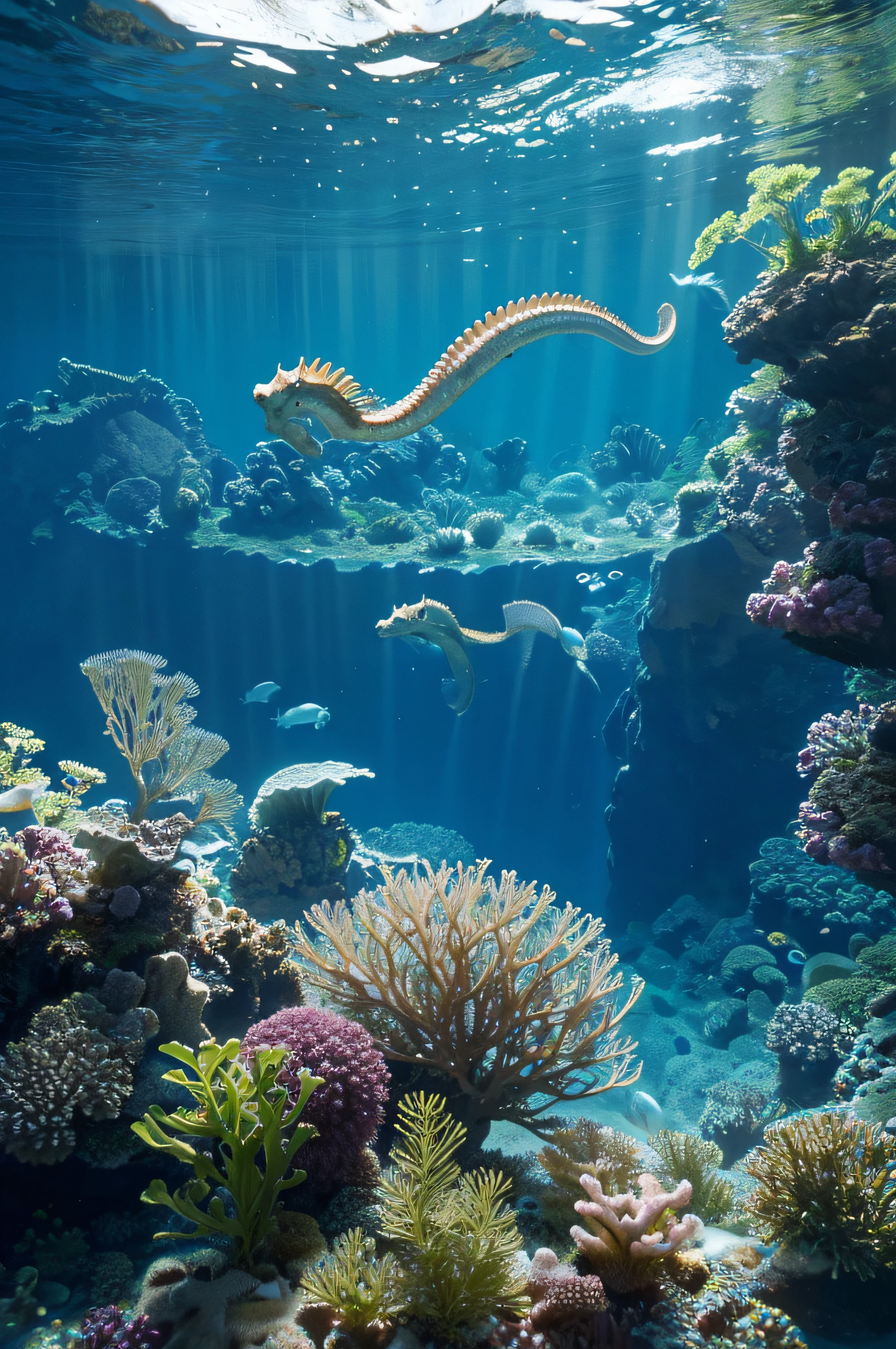 There are two seahorses swimming in the water, sea weed, , , in a panoramic view, underwater sea dragon, beautiful high resolution, HQ 4K wallpaper, underwater plants, Underwater background, High quality wallpaper, underwater landscape