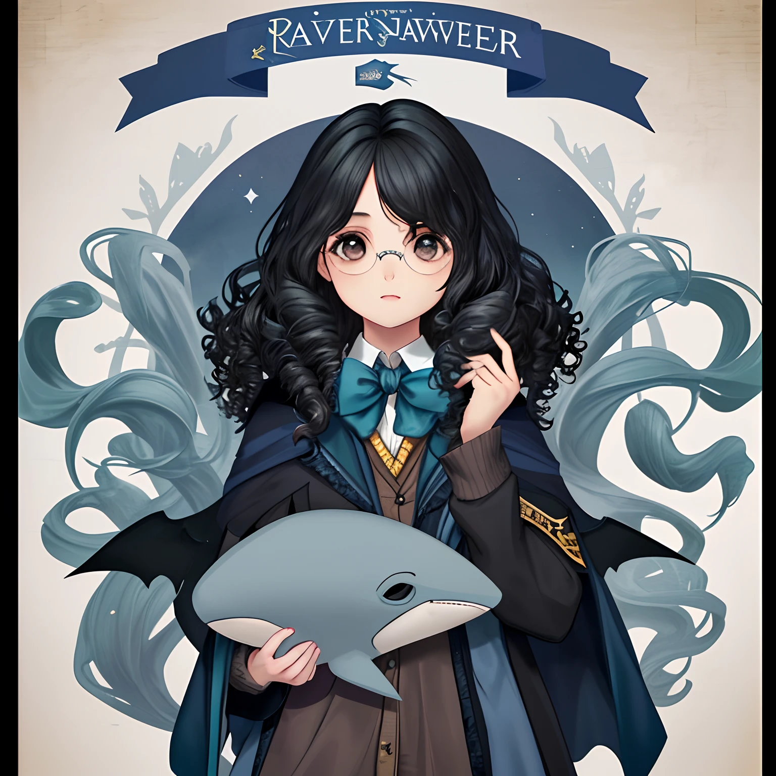 young woman, Harry Potter, Ravenclaw, Curly hair, glasses, cabelo curto, Black hair, Holding Stuffed Shark