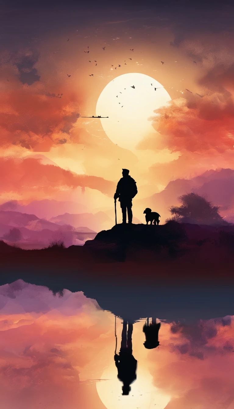 Silhouette of a man and his dog looking at the sky in the evening landscape