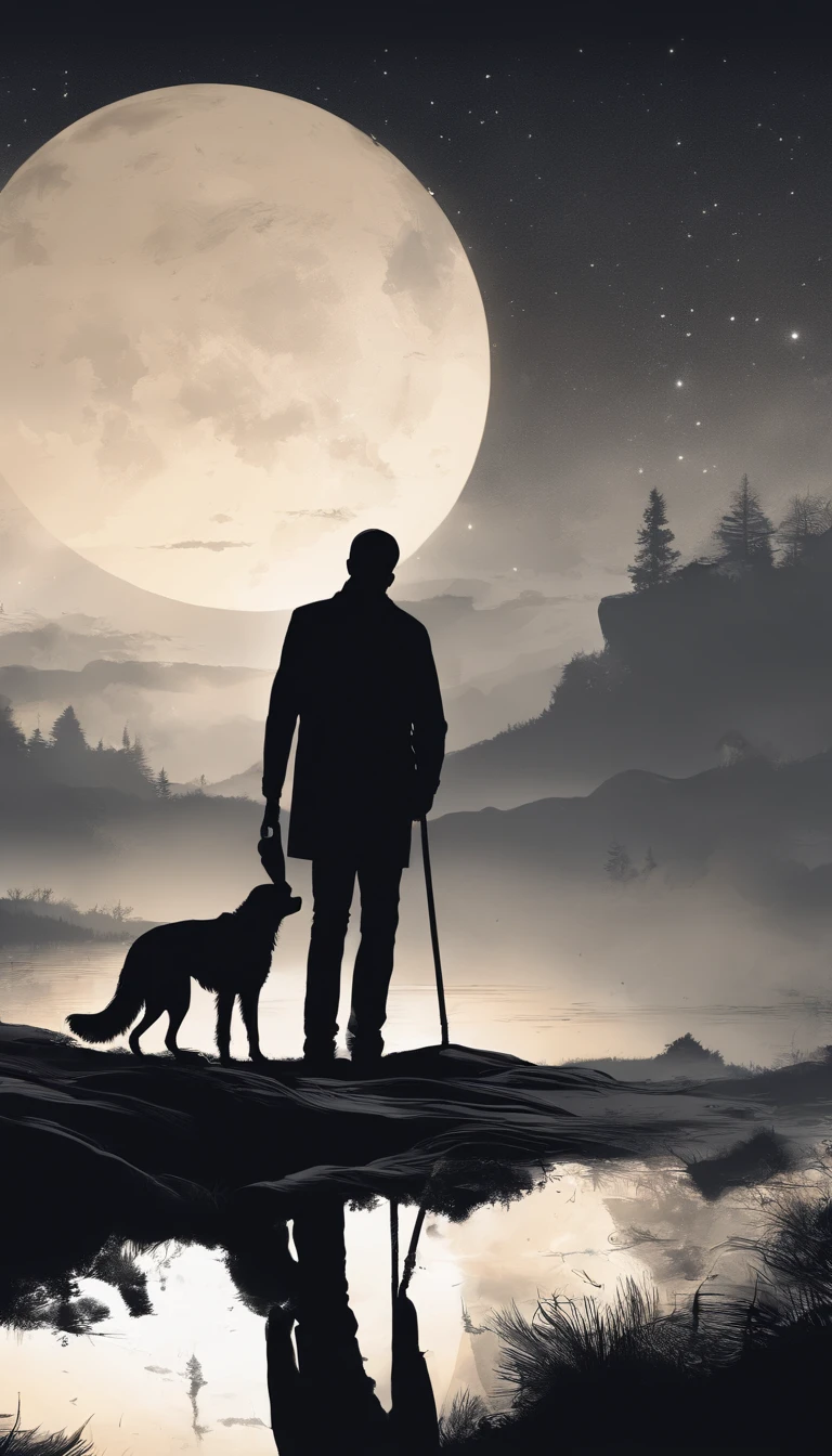 Silhouette of a man and his dog looking at the sky in the evening landscape