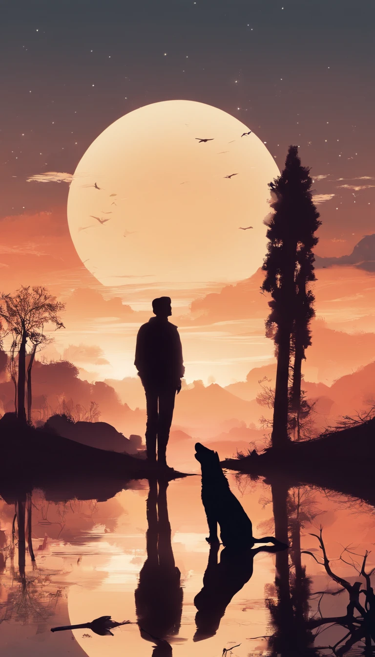 Silhouette of a man and his dog looking at the sky in the evening landscape