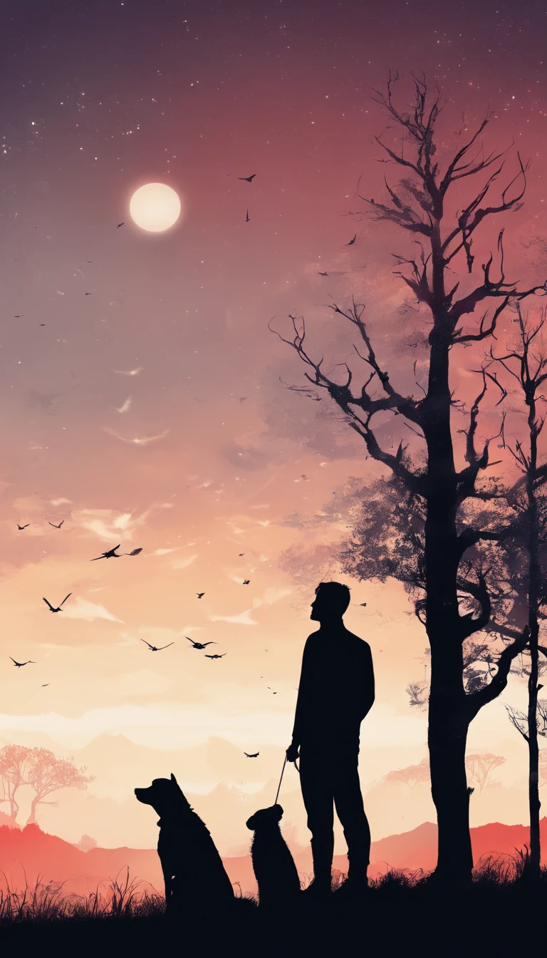 Silhouette of a man and his dog looking at the sky in the evening landscape