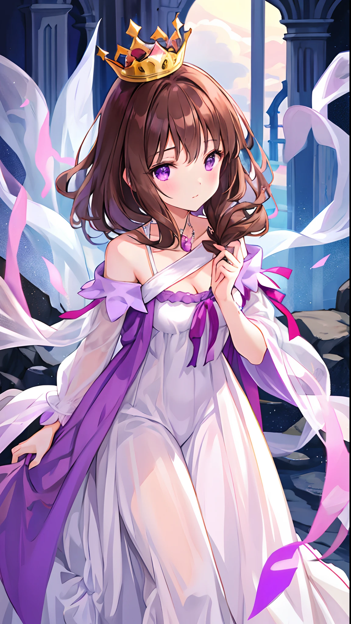 Beautiful beautiful young princess with brown hair with purple eyes, She wears a beautiful long white dress