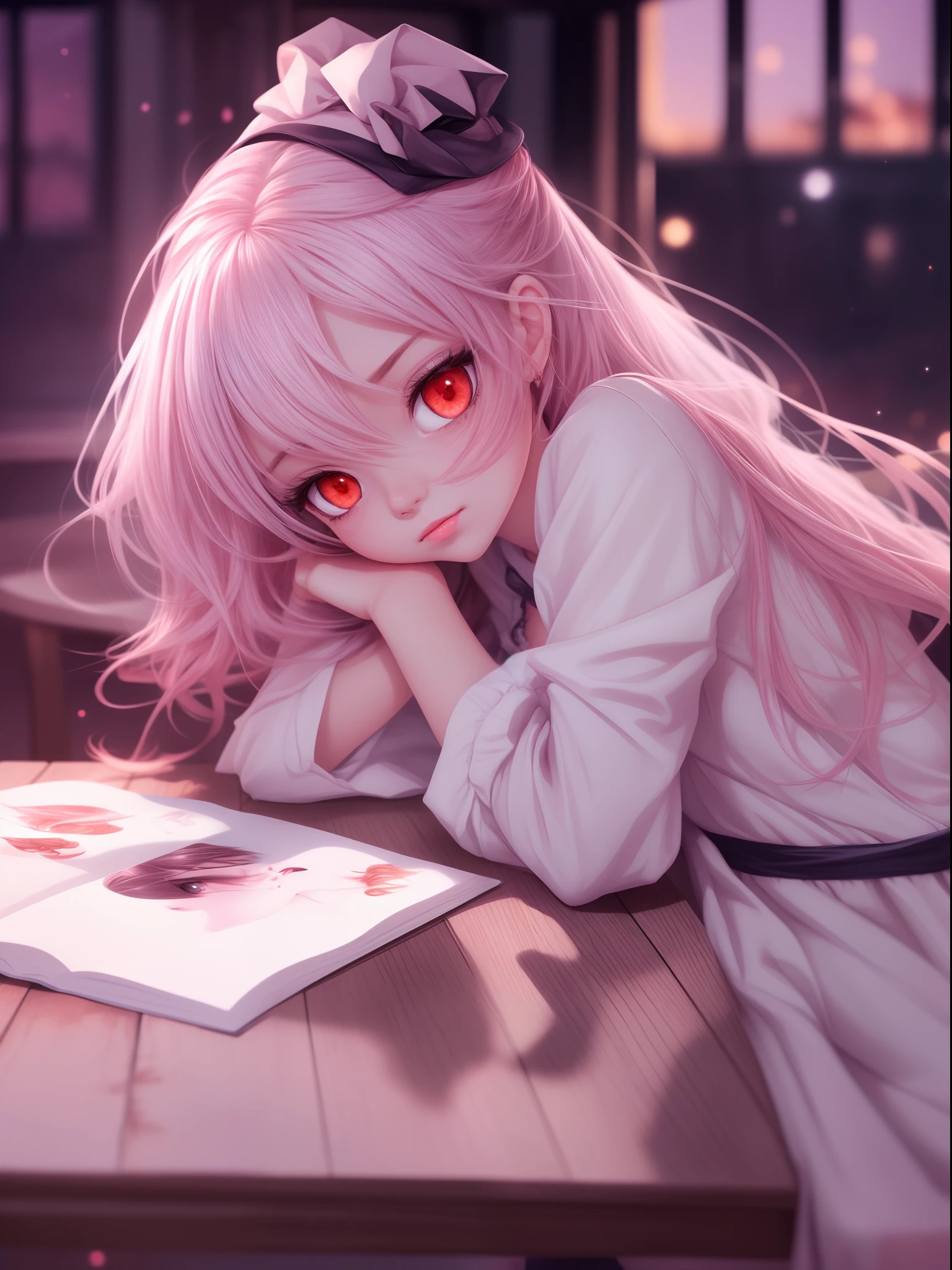 Be a girl with a pink complexion, beautiful eyes (red eyes) and deep as the night sky, half sad face lying on the table, white hair, looking at you, with an anime/semi-realistic style of art