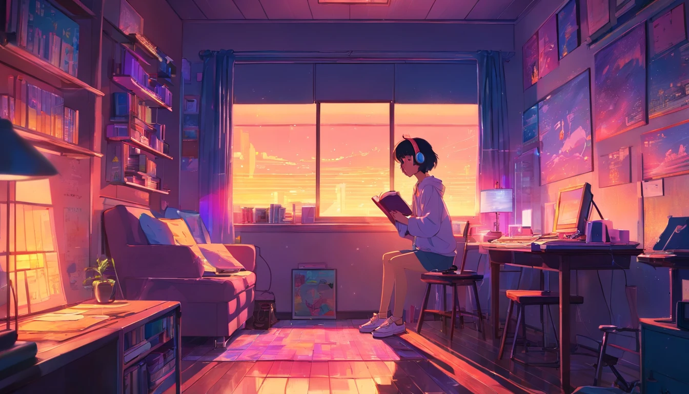 (Staynight), Girl studying in her room, Reading a book, Wear headphones, , night lights, Neon landscape on a rainy day,Analog Color Theme, Lo-Fi Hip Hop , Retrospective, Flat, 2.5D ,Draw a line, Ink drawing, Large gradient, Watercolor painting, Goosch color, Studio Ghibli style, Awesome colorful, Outer Ton, Synth Wave, lofi art,90s style,Old textures, amplitude,90s atmosphere, masutepiece, Incredible technology, 16:9 scale