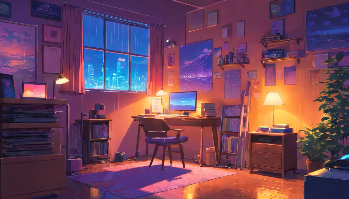 (Staynight), Girl studying in her room, Reading a book, Wear headphones, , night lights, Neon landscape on a rainy day,Analog Color Theme, Lo-Fi Hip Hop , Retrospective, Flat, 2.5D ,Draw a line, Ink drawing, Large gradient, Watercolor painting, Goosch color, Studio Ghibli style, Awesome colorful, Outer Ton, Synth Wave, lofi art,90s style,Old textures, amplitude,90s atmosphere, masutepiece, Incredible technology, 16:9 scale
