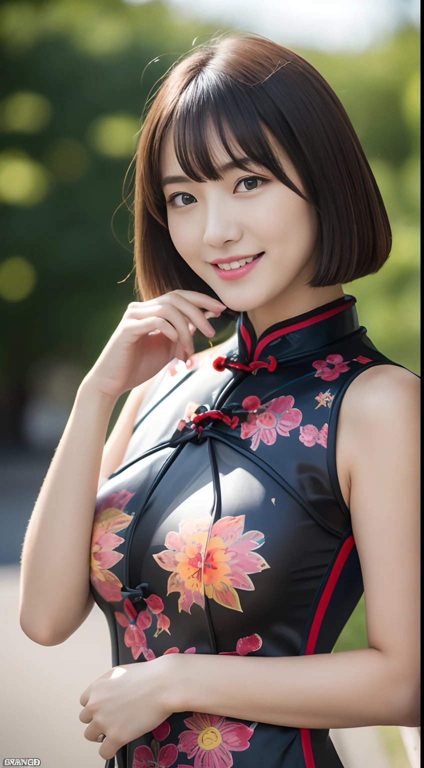 (top-quality、超A high resolution、masterpiece:1.3), Midhair with bangs, Detailed moisturized eyes, Textured skin, Best Quality, in 8K, blurry backround, (Colossal tits, (long legged), Legs exposed through slits), Natural Color Lip, ssmile, Woman with perfect style, You're in a high-traffic area, (Two girls in cheongsam showing multicolored patterned breasts:1.2), Facing the front, Looking at the camera