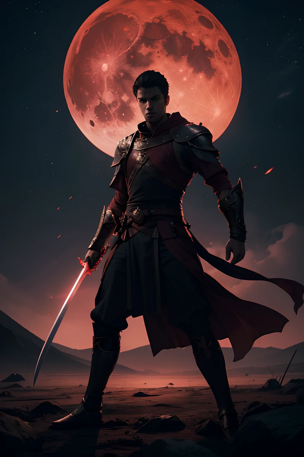 man standing with a sword in one hand, red moon background, facing the viewer, front view, distant view of the man, man is dimly visible, battle stance, faning the viewer, clear hands