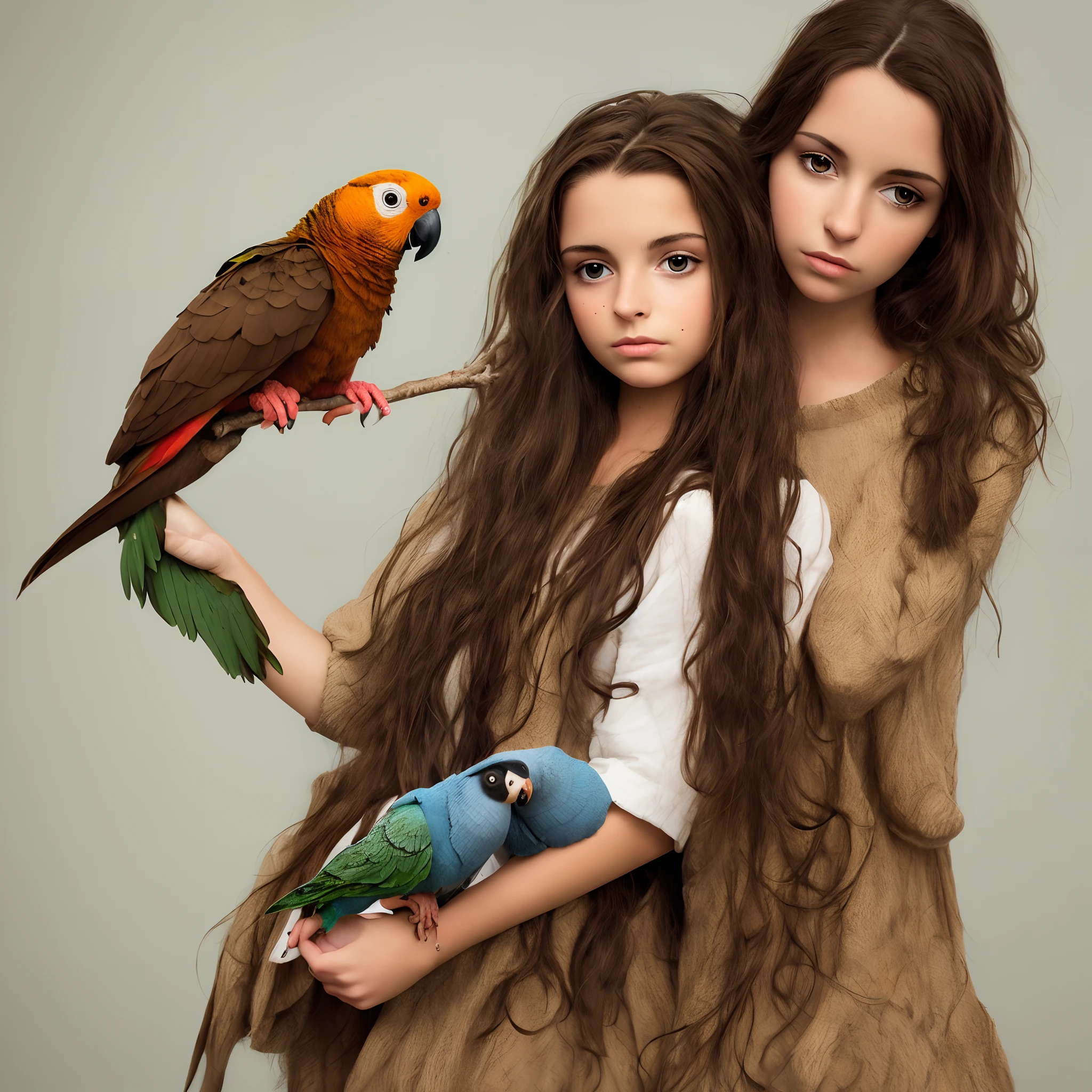 Long brown haired girl holding a Meyers parrot