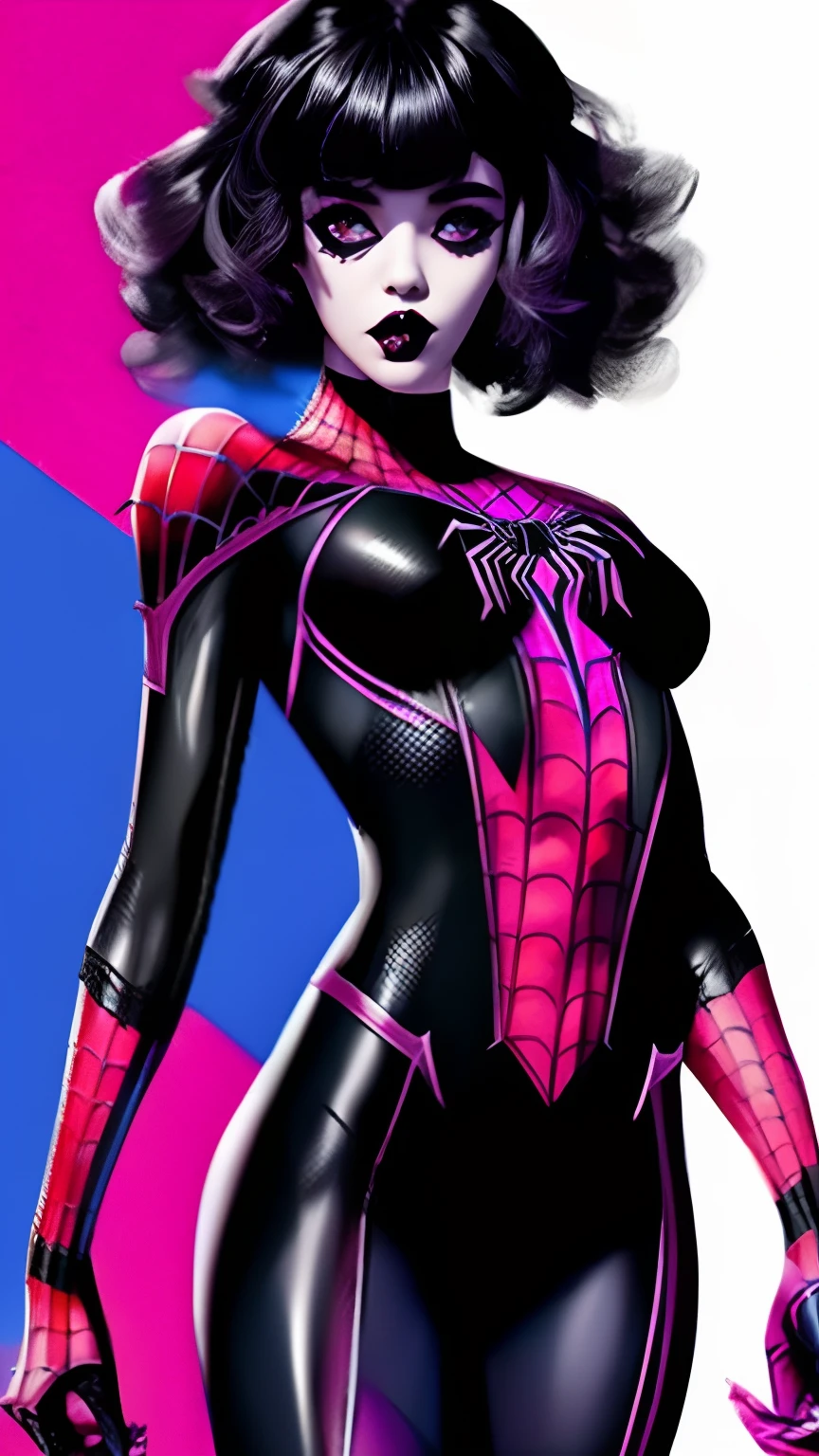 Marvel comic strip, spider verse, comic girl, pink short length hair curly, pale skin, teenager, spider verse character, black spider man costume, big boobs, goth, goth makeup,
