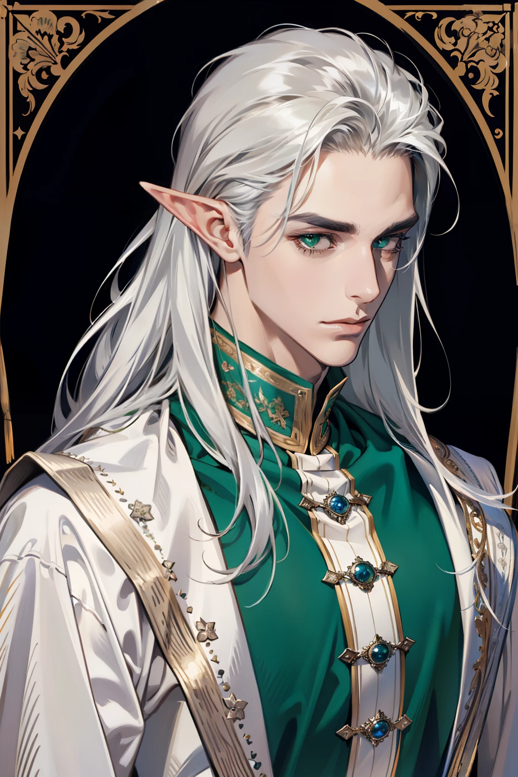 (masterpiece, best quality:1.2), (absurd res, high res, ultra detailed), 1 male, adult, handsome, tall muscular guy, broad shoulders, portrait, looking at viewer, solo, detailed background, detailed face, high fantasy, look at camera, perfect detailed face, perfect detailed hands, elf warrior, long silver hair, emerald green eyes, pointy ears, elf, silk clothing, elegant