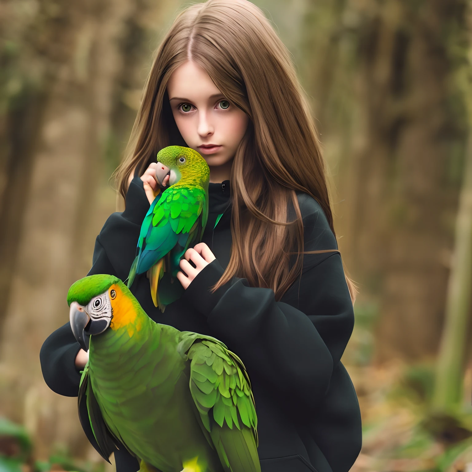 Long brown haired girl holding a green parrot and wearing a black hoodie