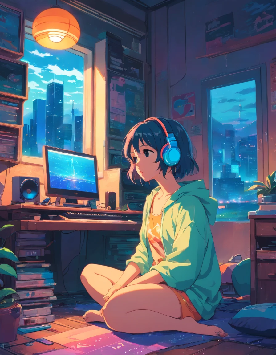 European hippie girl meditating in her room, Dreaming, Wear headphones, night lights, Neon landscape on a rainy day, Analog Color Theme, Lo-Fi Hip Hop , Retrospective, Flat, 2.5D ,Draw a line, Ink drawing, Large gradient, Watercolor painting, Goosch color, Studio Ghibli style, Awesome colorful, Outer Ton, Krautlock, lofi art, 70s style,Old textures, amplitude,Psychedelic atmosphere, masutepiece, Incredible technology,