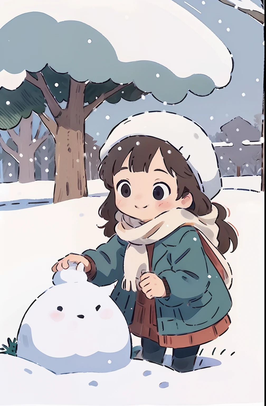 Girl, Long hair, face round, Big eyes, down jacket, Smile, Scarf, winter, park, yukito, White snow, tree, snow cover, in a panoramic view, Front