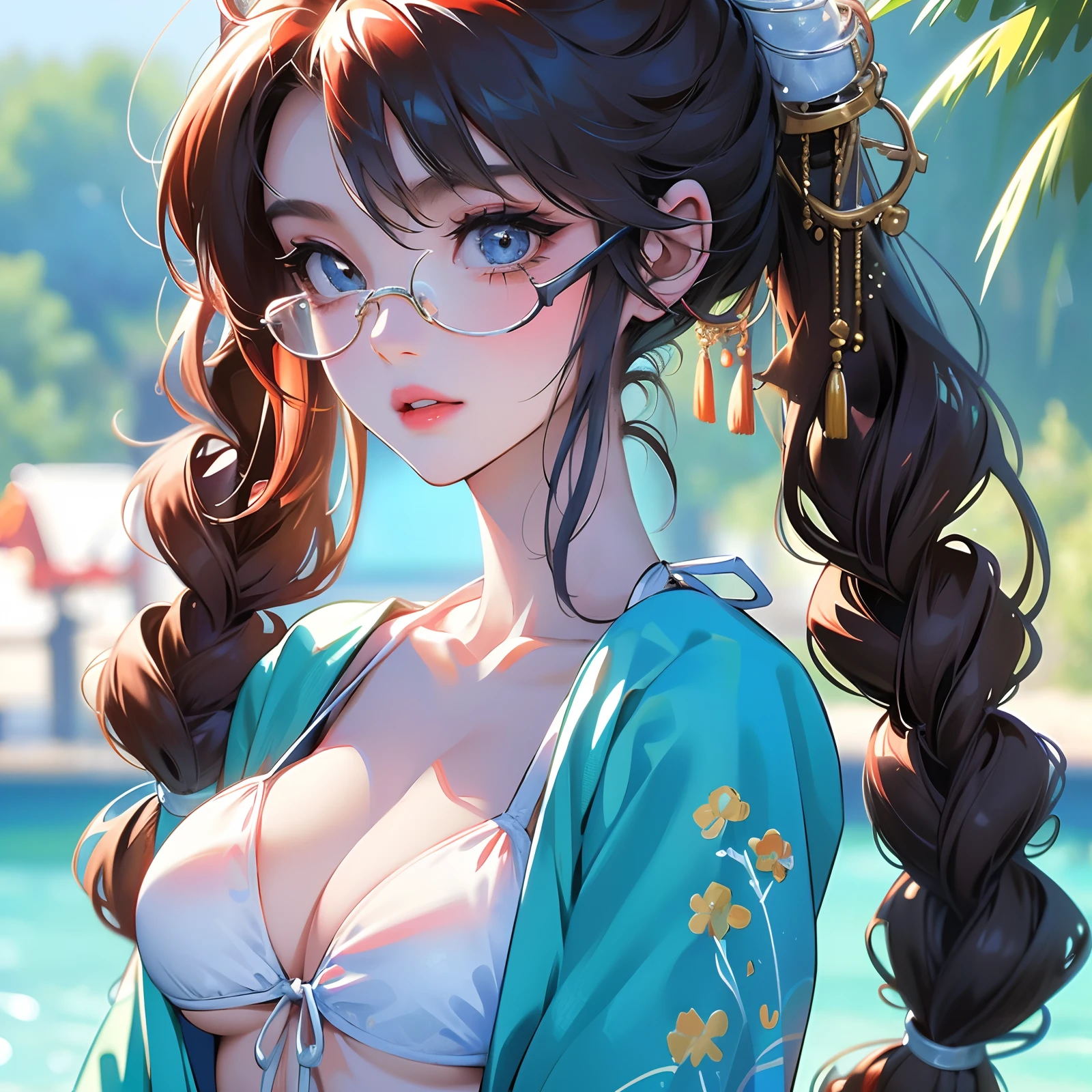 (Best Quality, 8k, 32k, Masterpiece, UHD:1.3), (Photo of Attractive Japanese Woman), ((1 Girl)), ((medium breast:1.3)), Perfect Body, Ultra Detailed Face, Detailed Lips, Fine Eyes, double eyelids, sexy girl, beautiful girl, jaw-dropping beauty, (white long hair:1.2)), ((white bikini)), ((upper body:1.3)), sunlight illuminated her beautiful face, outdoors, wearing eyeglasses, arms crossed,seaside, sexy