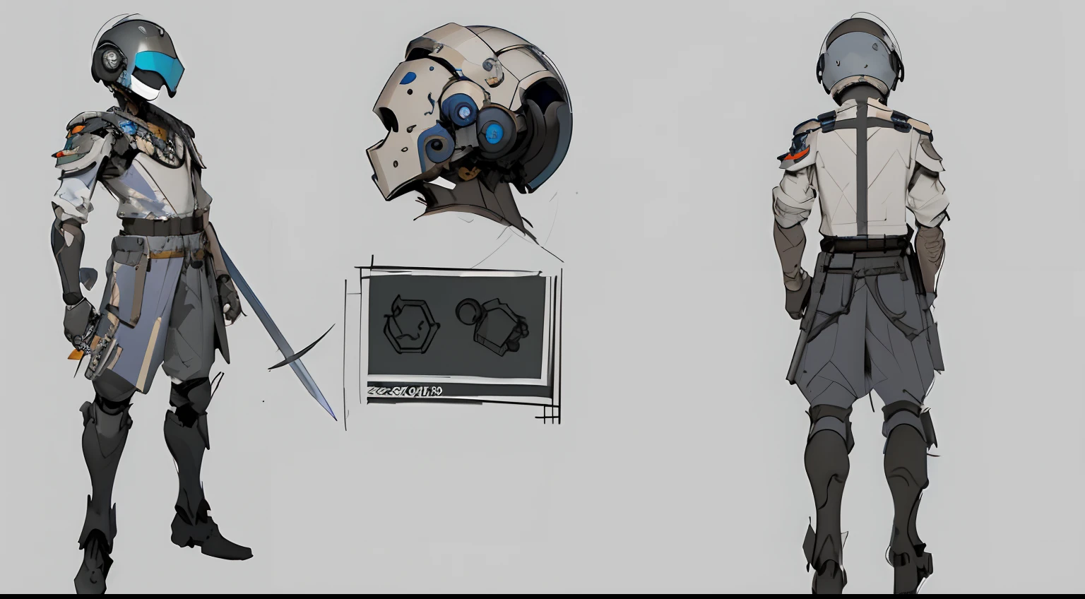 A sketch of a figure wearing a costume with a helmet and sword, object concept art, hori + concept-art, concept art for a video game, expert high detail concept art, indie concept art, videogame concept art, detailed conceptual drawing, high detail concept art, konami concept art, ( ( Cinematic ) ) concept-art, indie game concept art, concept-art | dyson