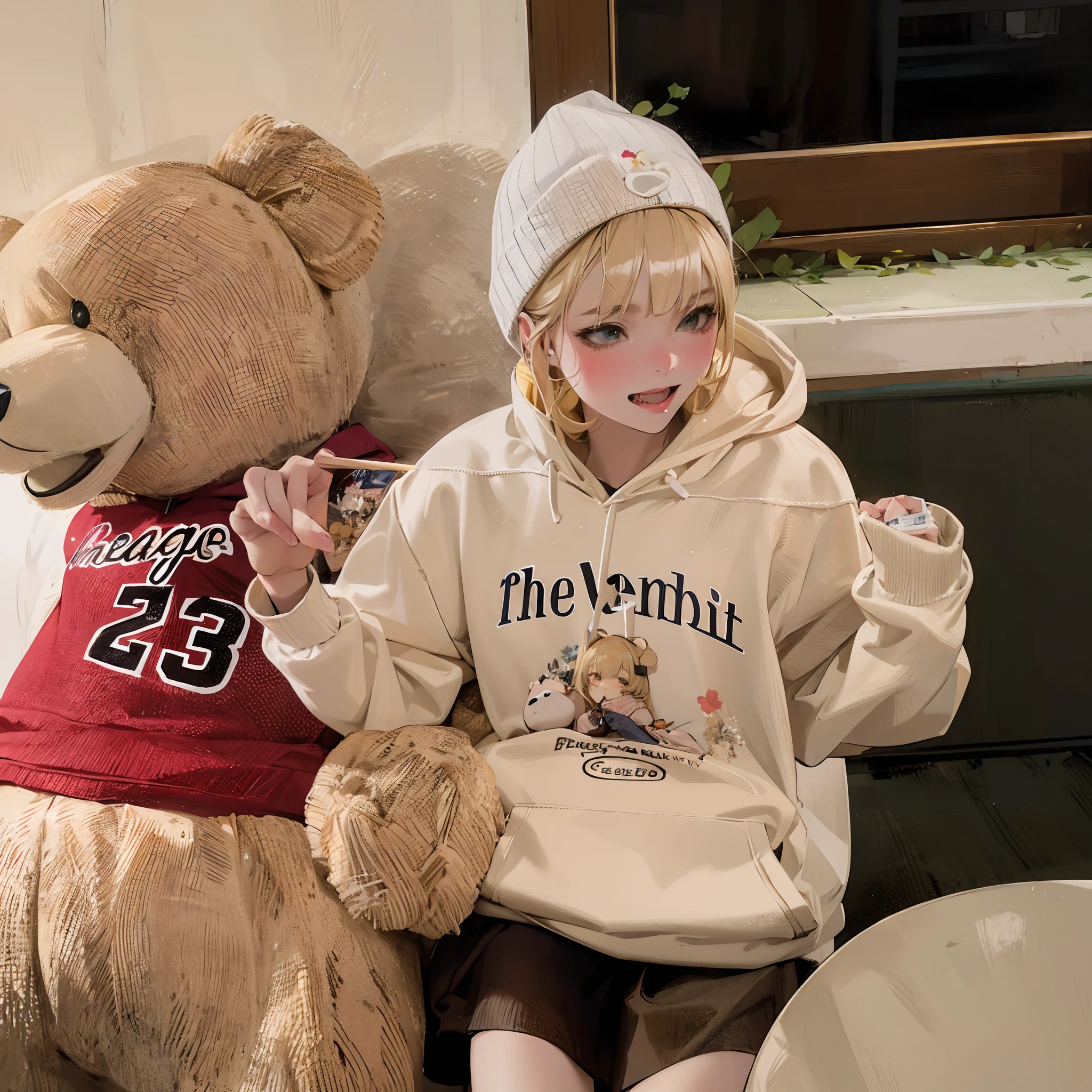 The blonde girl sits next to a large teddy bear in a hoodie, identical, beige hoodie,girl wearing hoodie, wearing a hoodie and flowers