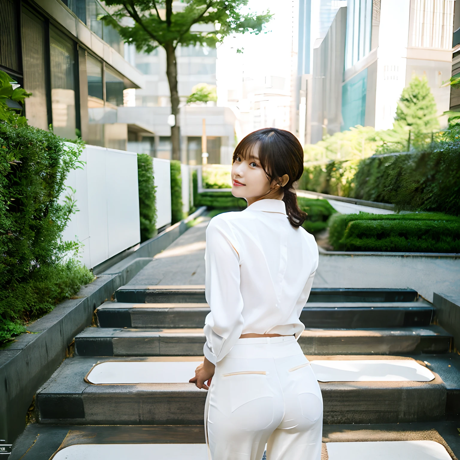 masutepiece, Best Quality, 超A high resolution, (photographrealistic:1.4), 1womanl, (P Line:1.8), business sui, ((panty lines)), From below, (Facing away:1.2), (White slacks:1.3),(White Yai Shirt:1.3), stairs,White shirt, Slender curvaceous body, Style like a model, long legged,Seduce by sticking out the buttocks,Outdoors, stairs,Office, working in an office、 business outfit, Raw photo