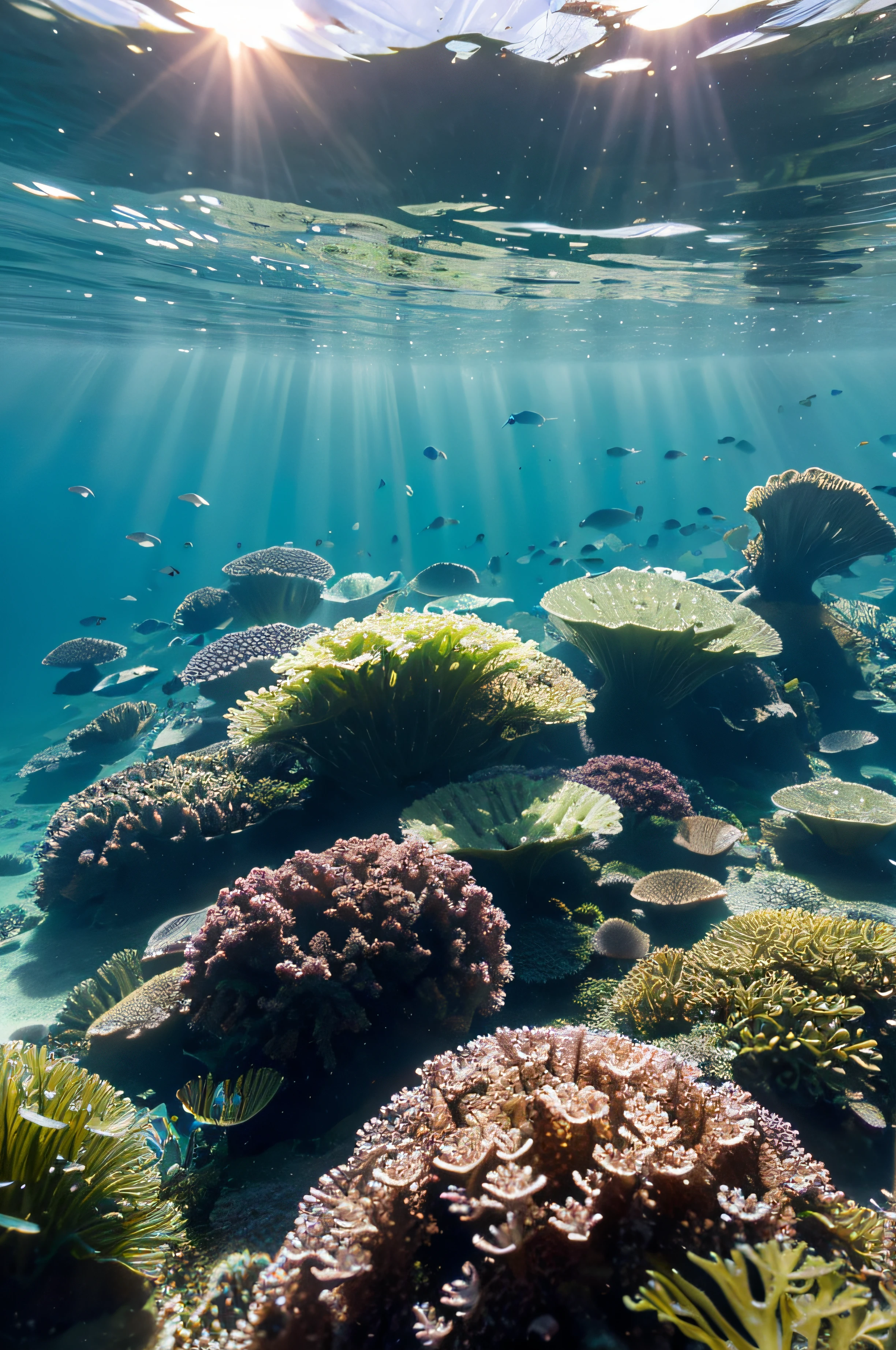 (Realistic:0.2),Photorealistic photos,Green seaweed,in a panoramic view, All kinds of fish , underwater plants, plain view ,There is sun shine,At the bottom of the sea,Blue Broad Image,There are small schools of fish swimming,Close-up