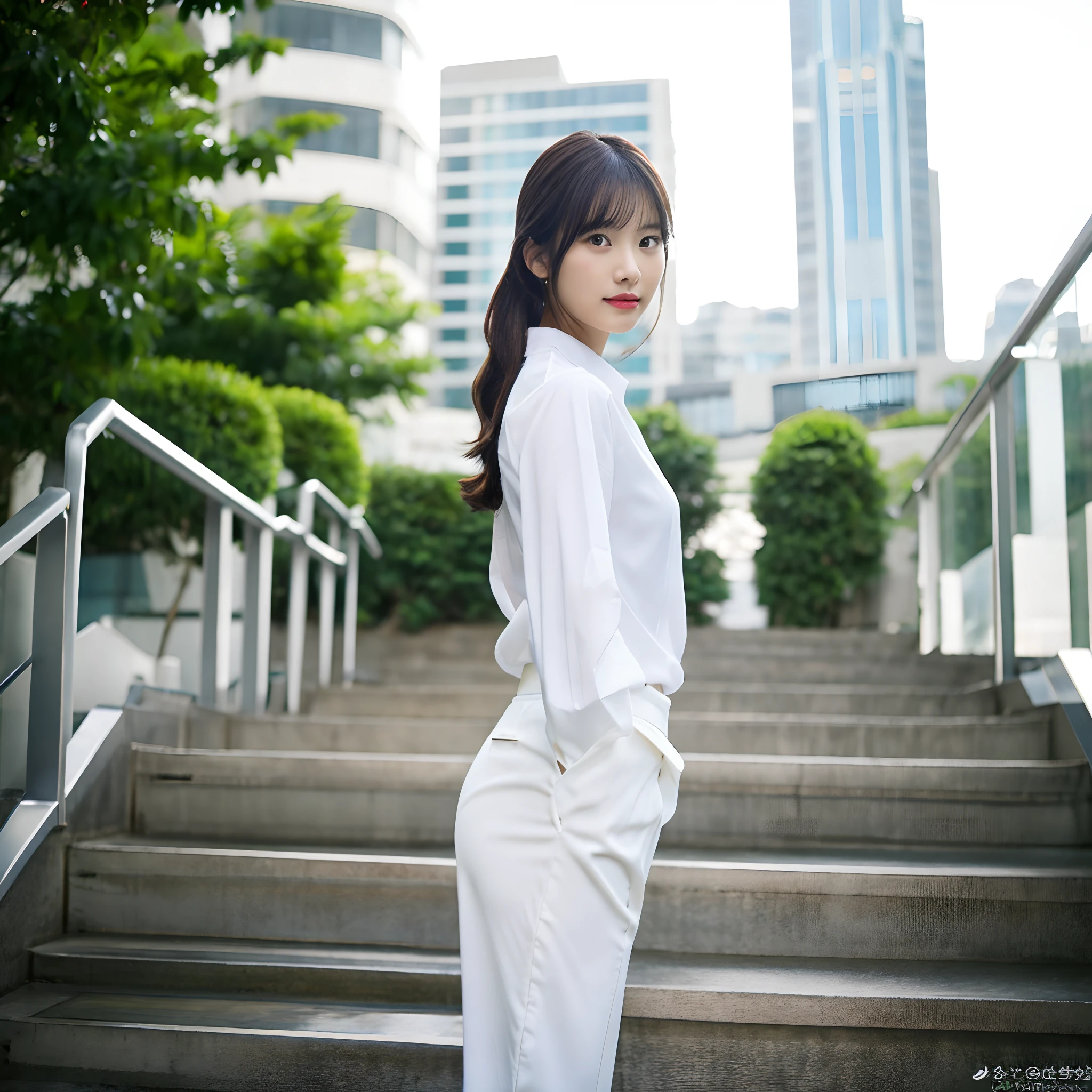 masutepiece, Best Quality, 超A high resolution, (photographrealistic:1.4), 1girl in, (P Line:1.1), business sui, panty lines, From below, (Facing away:1.2), (White slacks:1.3),(White Yai Shirt:1.3), stairs,White shirt, Slender curvaceous body, Style like a model, Outdoors, stairs,Office, working in an office、 business outfit, Raw photo