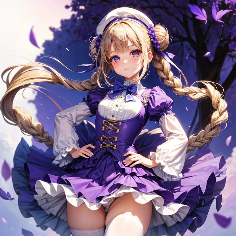 1girl in,Solo,jacaranda,Happy,Tutu Frill Skirt,Long hair,braided bun,lovely big eyes, Perfect hands, tiny chest, zettai ryouiki, Light brown eyes, with blue ornaments, bowknot over white beret, dreamcore, hands on hips,stuffed cat