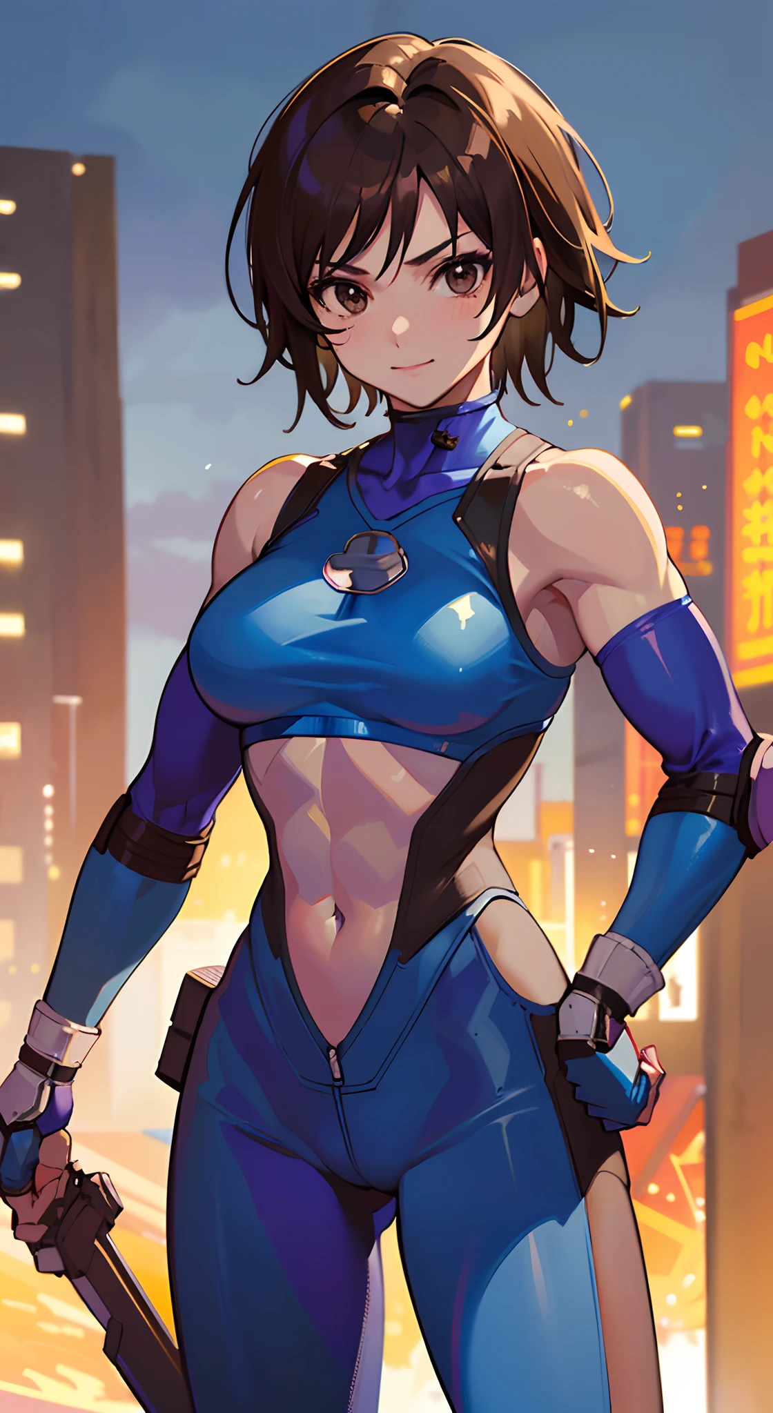 (​masterpiece、top-quality、in 8K、hight resolution:1.2)、Alone、1girl in(Asuka Kazama、muscularwoman、short brown haired、de pele branca、Brown-eyed)、cowboy  shot、A slight smil、taut clothes、battle posture、Hero Suit、body suit、Trained abs、Trained biceps、(Buildings:1.2)、nighttime scene、