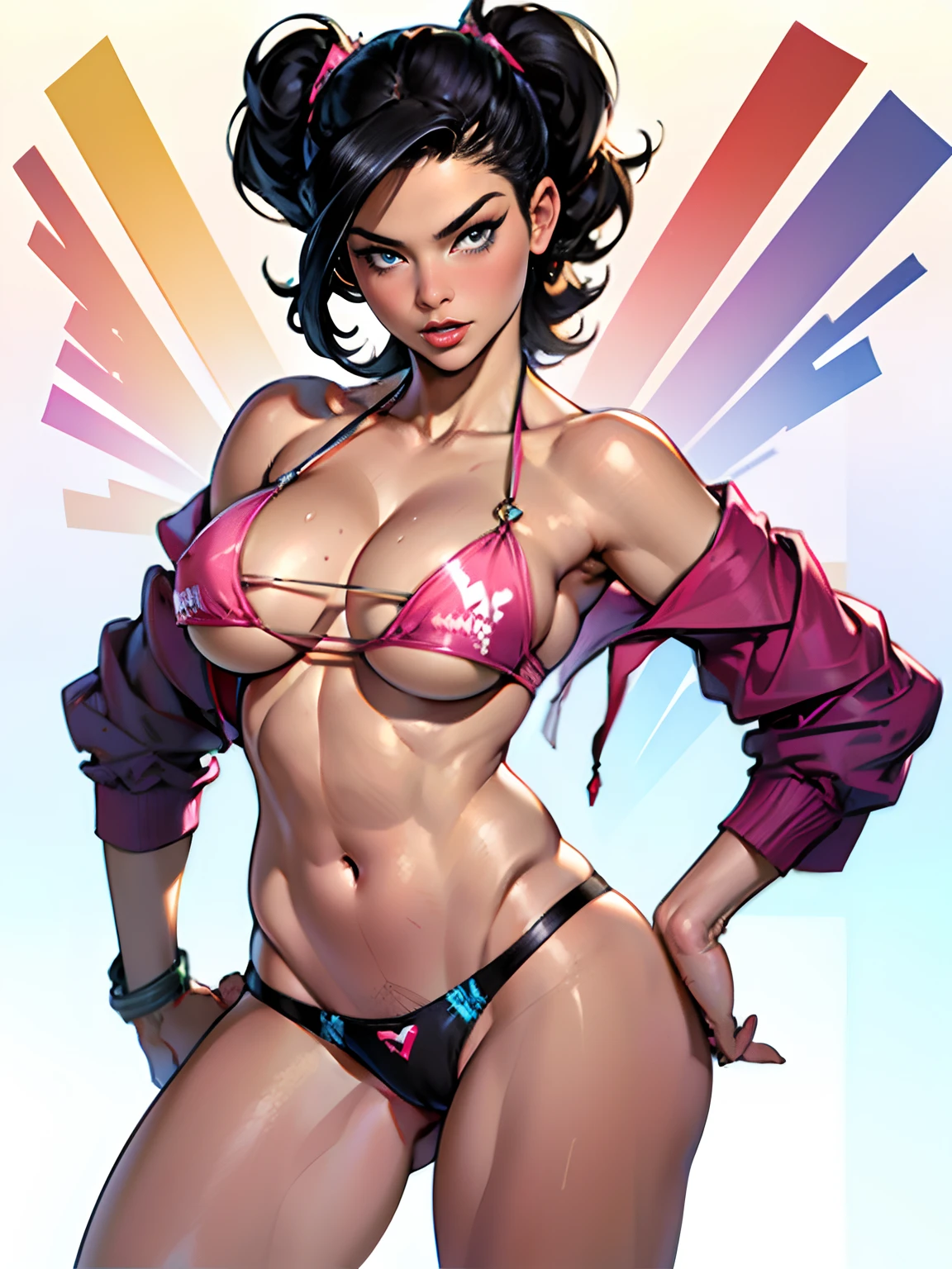 (high quality, best rendering), (beautiful woman, black haired, blue-eyed), (bombshell, pin-up style), psychopath, crazy face, sexy pose, ((bikini bottoms only)), ((no top)), ((naked, boobies)), ((naked)), pastel, centered, scale to fit dimensions, micro thong, micro bikini, camel toe