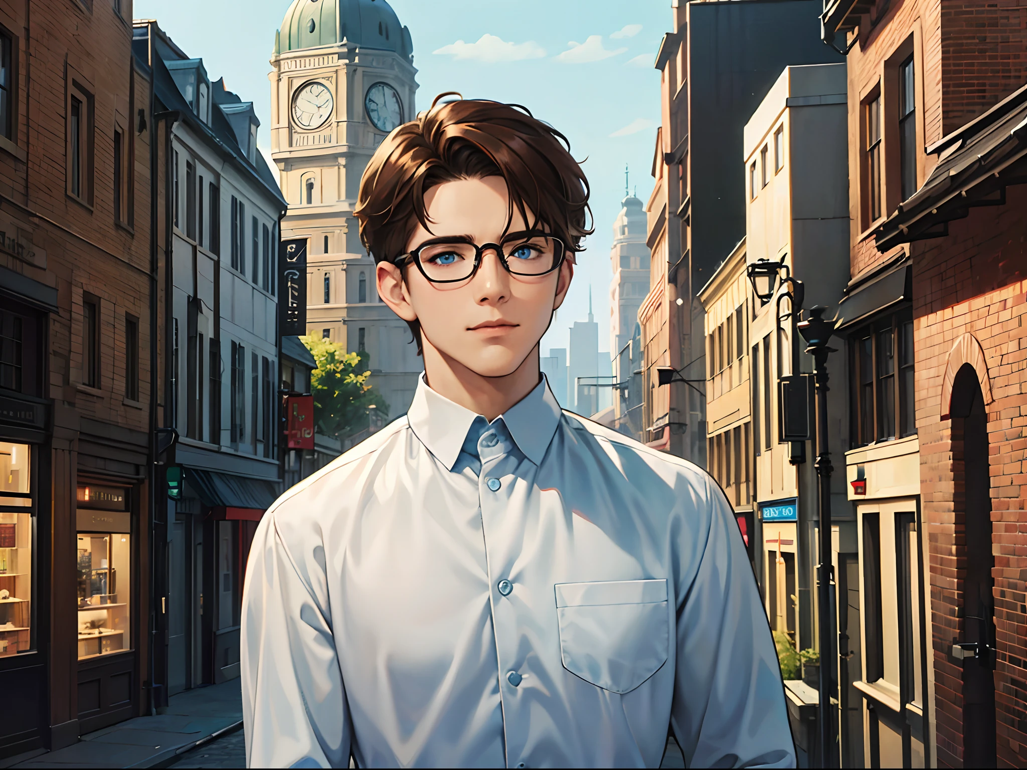 A man in a black shirt, 27years old, With blue eyes, Round glasses, Brown hair, Short hair, cheerfulness, Upper body, In the city, In comic style.