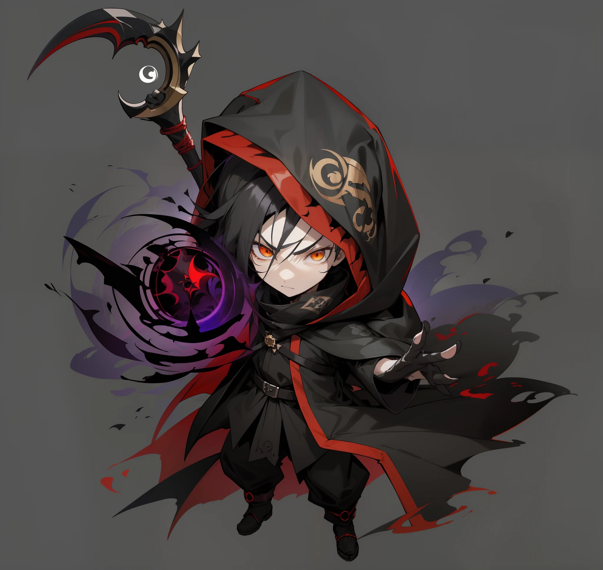 Anime character wearing a hooded cloak and a scythe, advanced digital chibi art, dark hooded wraith, dark cloaked necromancer, character art of maple story, Chibi Art, Dark persona, red hooded mage, evil alchemist gnome, male vampire of clan banu haqim, young shadow mage male, arcane art style, evil male sorcerer,Golden eyes