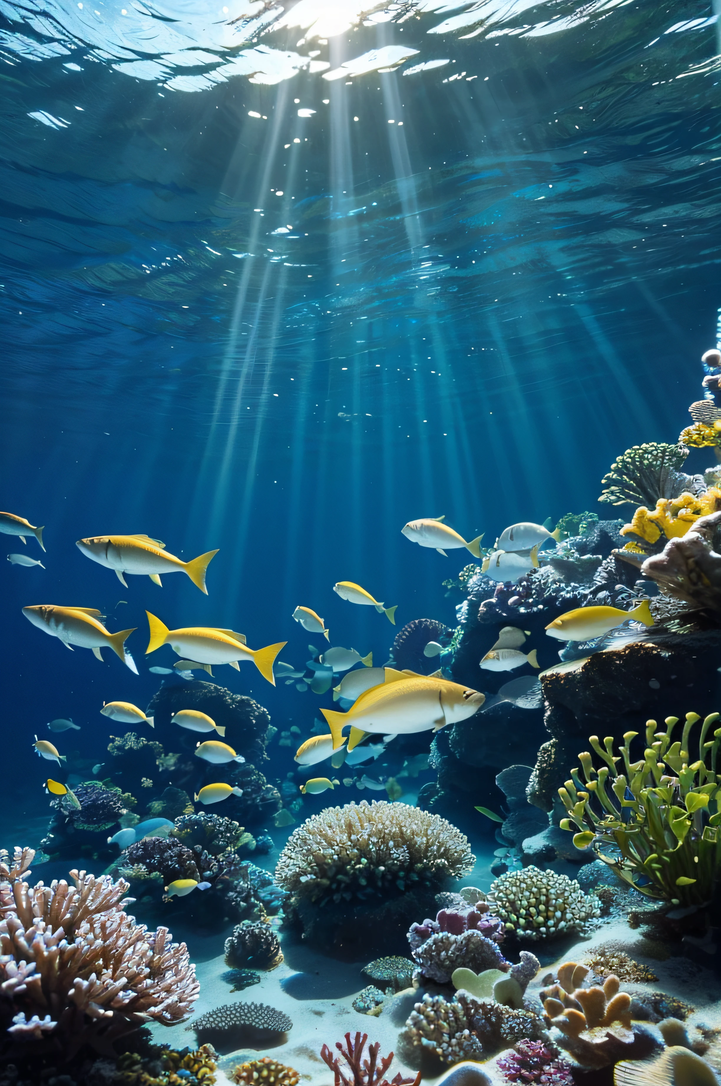 Photorealistic photos, All kinds of fish , underwater plants, plain view ,There is sun shine,At the bottom of the sea,Blue Broad Image,There are small schools of fish swimming,Close-up