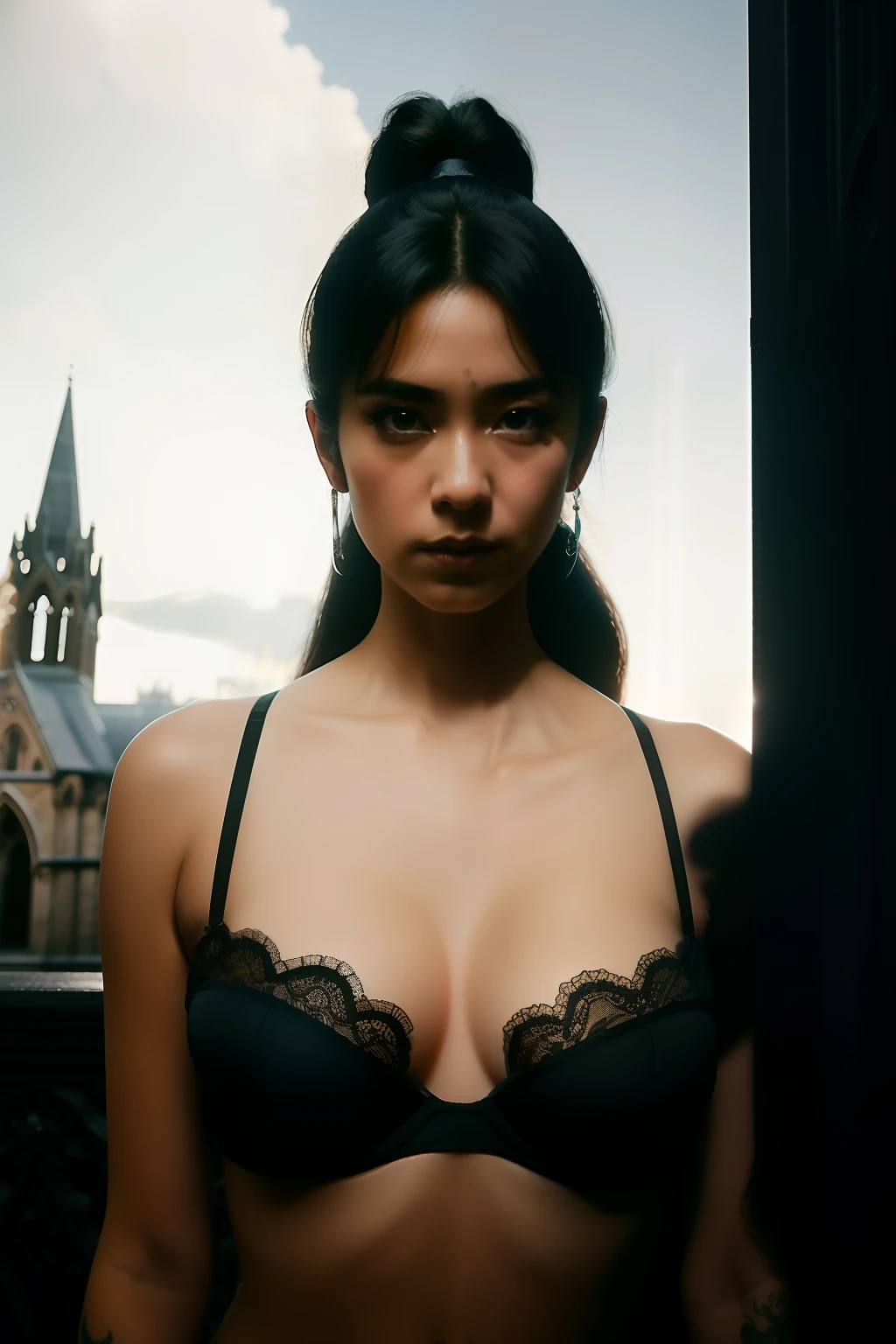 wabstyle, Candid photo of a 25yo girl with ponytail hair and hairy, wearing bra, detailed skin, full body, gothic church in background, shadow play light revealing her body, shooting from below, shot on Sony A7III, in the style of Nan Goldin, hires photography.