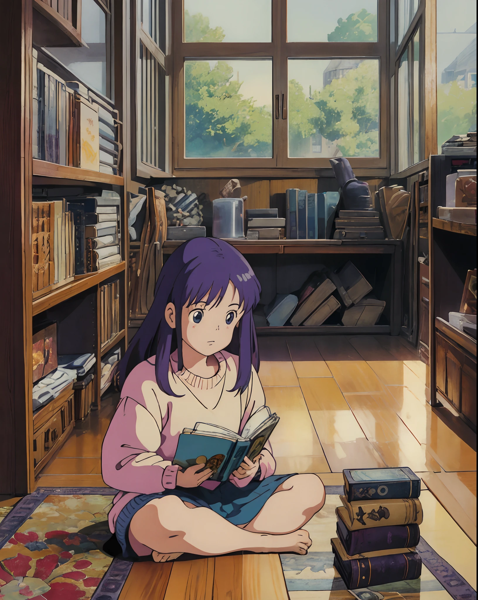 (masterpiece, 1980's anime illustration:1.1), sweet girl with long purple hair wearing oversized knit sweater, sitting cross-legged on floor of bookshop, open book in lap, reading intently, surrounded by stacks of old books, afternoon sun streaming in through window, illuminating floating dust in air, creating a cozy atmosphere, detailed old bindings on books, patterned rug on hardwood floor, retro anime style, warm lighting, Ghibli style