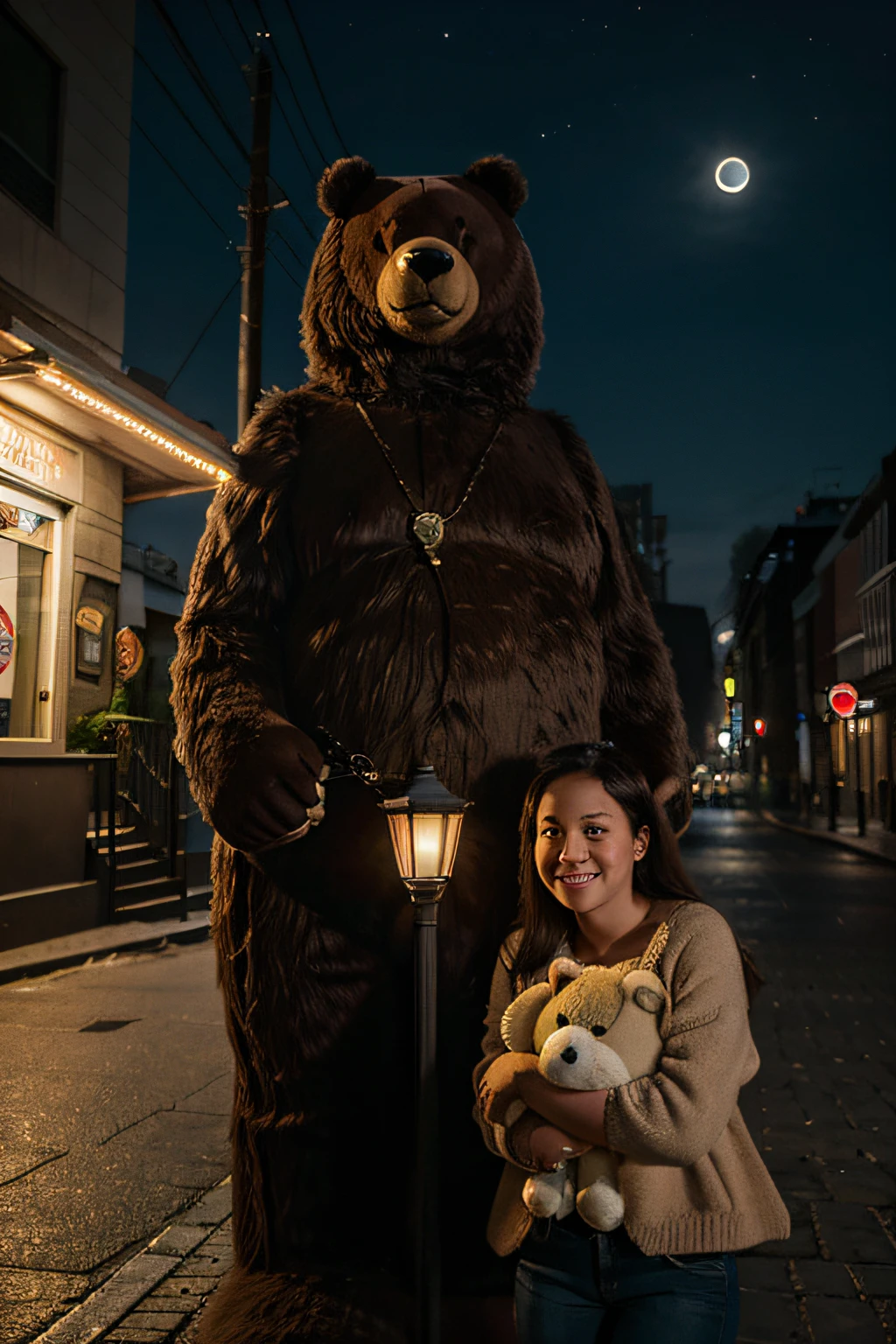 Generate a picture about a funny girl with a big bear, which is found on the street of the city by the light of lampposts, The moon is shining.