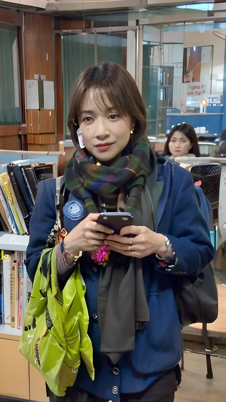 woman in a blue shirt and black scarf holding a cell phone, she is holding a smartphone, student, librarian, checking her phone, inspired by Bernardino Mei, front camera, sie boob, faridah malik, with apple, malaysian, checking her cell phone, youtube video screenshot, perfect expression, screenshot from a movie, with accurate face, looks smart