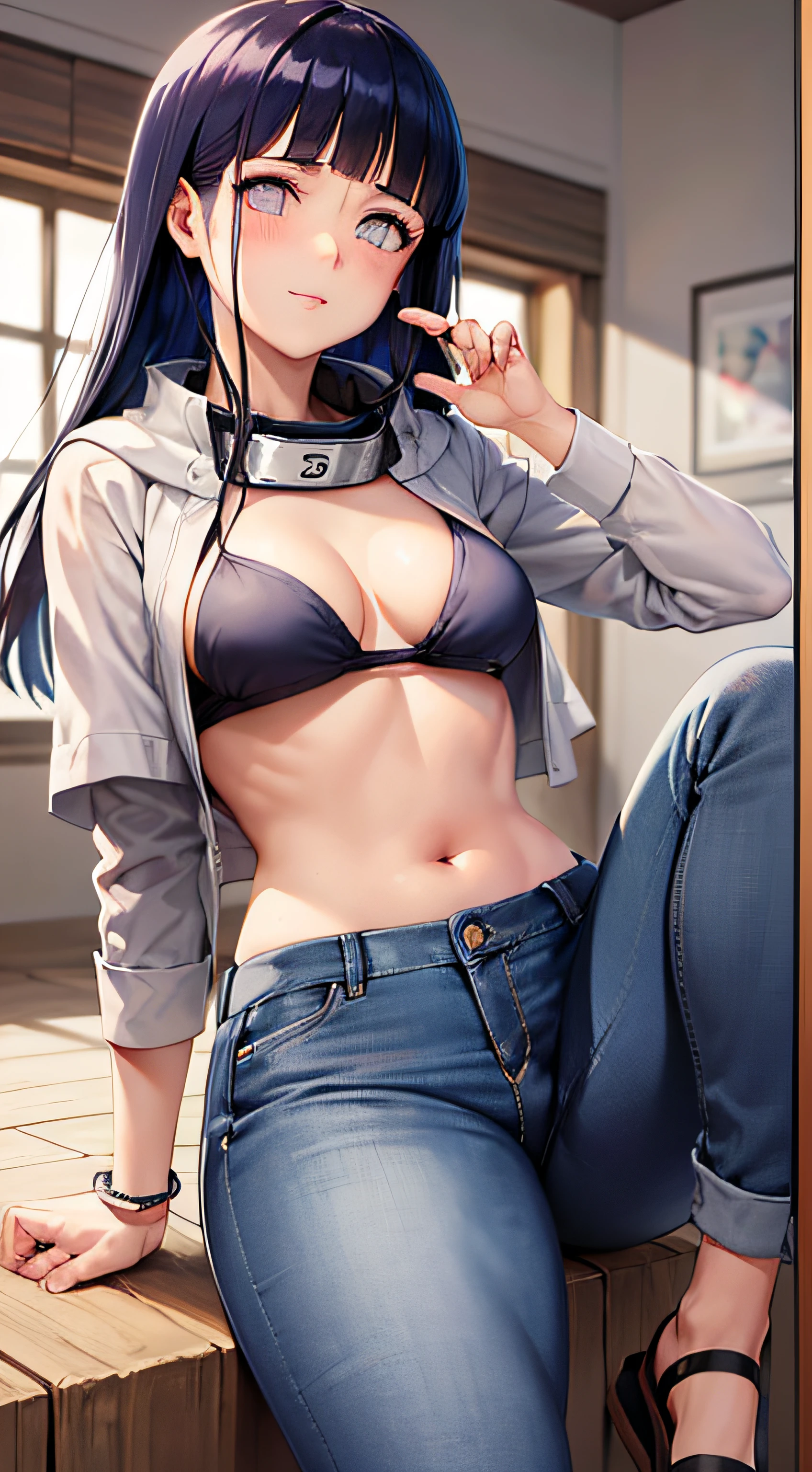obra-prima, Altas, alta qualidade, rosto detalhado, render corpo detalhado, 1girl, sozinho, hyuuga hinata, hinata-sleevless-outfit, middlebreasts, cabelo curto, Small thorax, quadril largo, coxas grossas, sem camisa, sem blusa, corpo inteiro, barriga de fora, top, tampo da rede de pesca, Dark lips, no-bra, seios para fora, Dope, standingn, Blushes, (no quarto), tight jeans