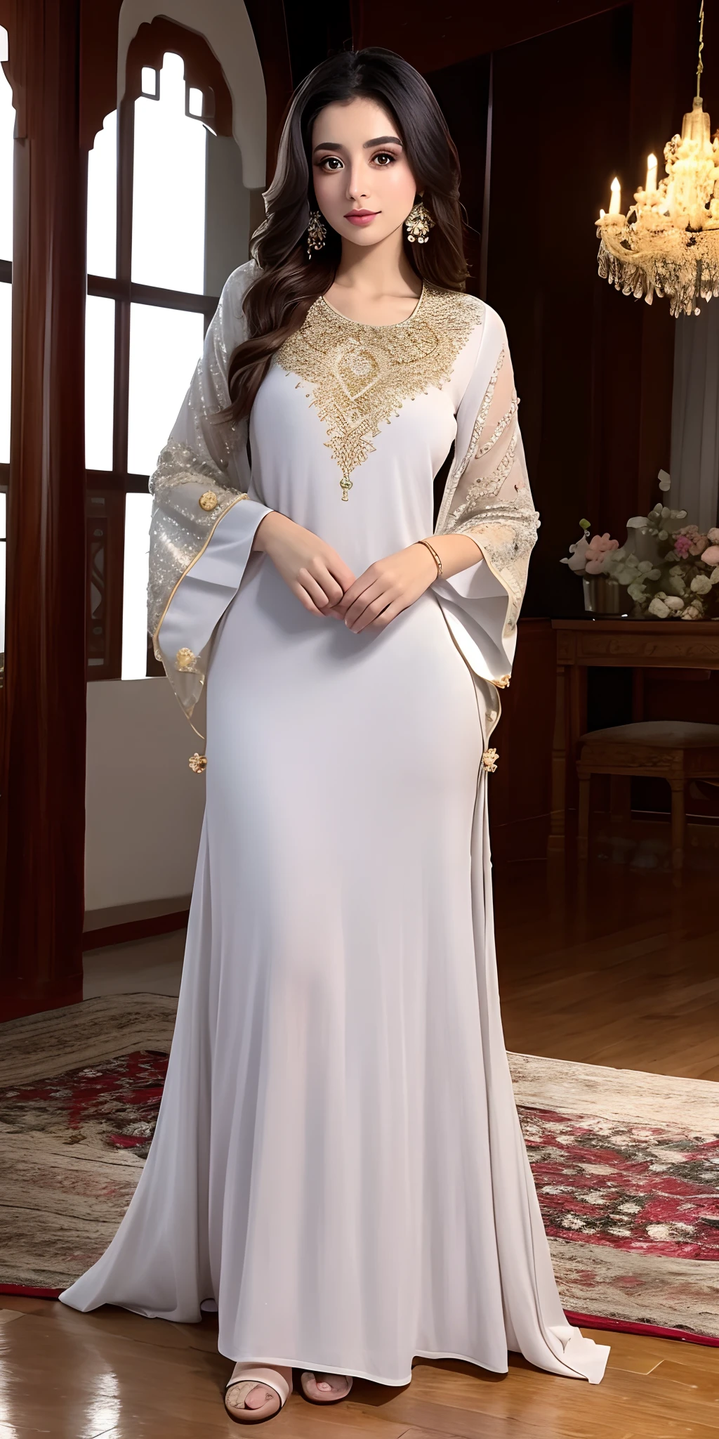Very Beautiful princesse glowing eyes face moroccan Islamic caftan outfit wearing