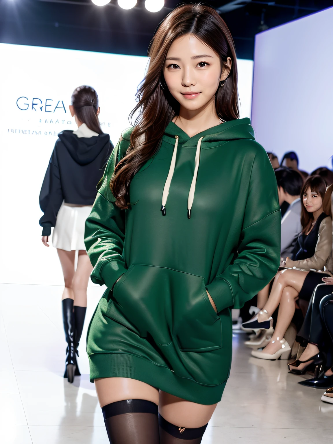 POV, (masterpiece:1.3), high resolution, ultra detailed, extremely detailed CG unity 8k wallpaper, (realistic, photo-realistic:1.3, RAW photo:1.2), beautiful detailed face, realistic skin, detailed cloth texture, high detailed hair texture, Perfect proportion, Beautiful Face, accurate, Anatomically correct, Highly detailed face and skin texture, natural neck length, (beautiful hands), (fair skin:1.2), Thin legs, Thin feet, long legs, high detailed legs texture, beautiful legs, 
BREAK 
Detailed eyes, symmetrical eyes, Light Brown eyes, Double eyelids, Thin eyebrows, (Glossy lips:1.4), (Gentle smile:1.2), 
BREAK 
(1 girl:1.3)
(Wearing an oversized Yellow hoodie dress:1.2), 
BREAK 
(school mini skirt, black stockings, Red short boots), 
(Layered Hairstyle, Dark-brown hair), 
(Medium large breasts:1.3), (film breasts, nicely shaped breasts:1.1, slender figure), ((Full body shot:1.2)), ((from front:1.1)), 
BREAK 
((She is Walking with Fashion model pose:1.2)), (in the runway of stylish Fashion show venue in Japan:1.2),