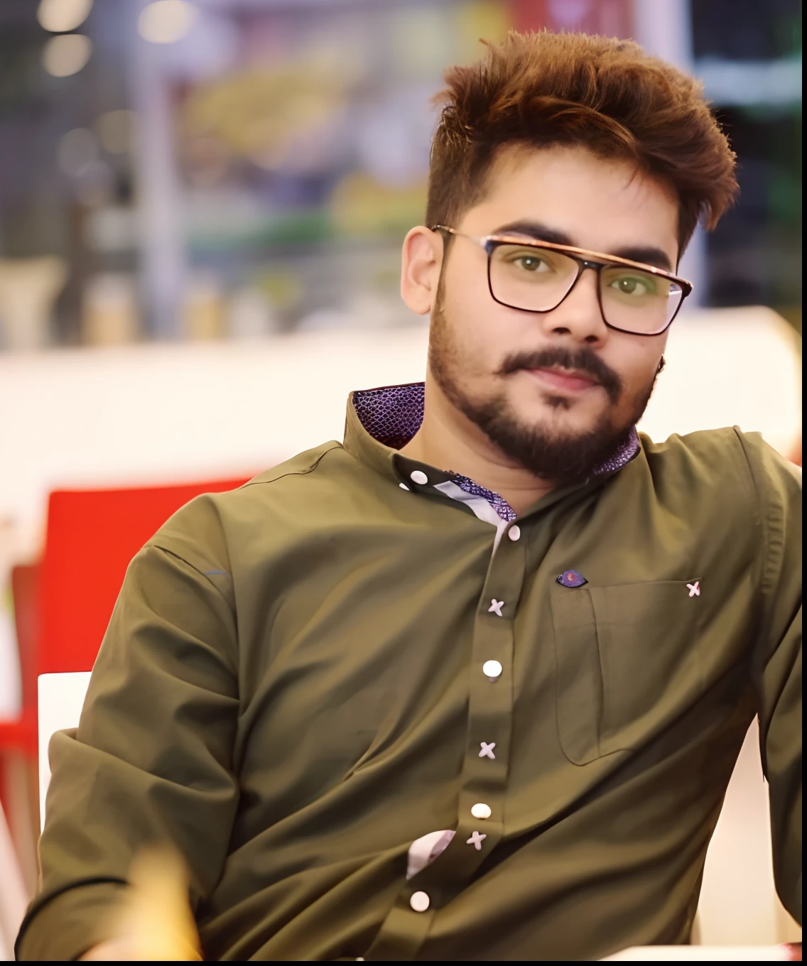 there is a man sitting at a table with a banana in his hand, kyza saleem, profile pic, portait photo profile picture, khyzyl saleem, inspired by Bikash Bhattacharjee, candid picture, jayison devadas style, handsome man, inspired by Saurabh Jethani, with nerdy glasses and goatee