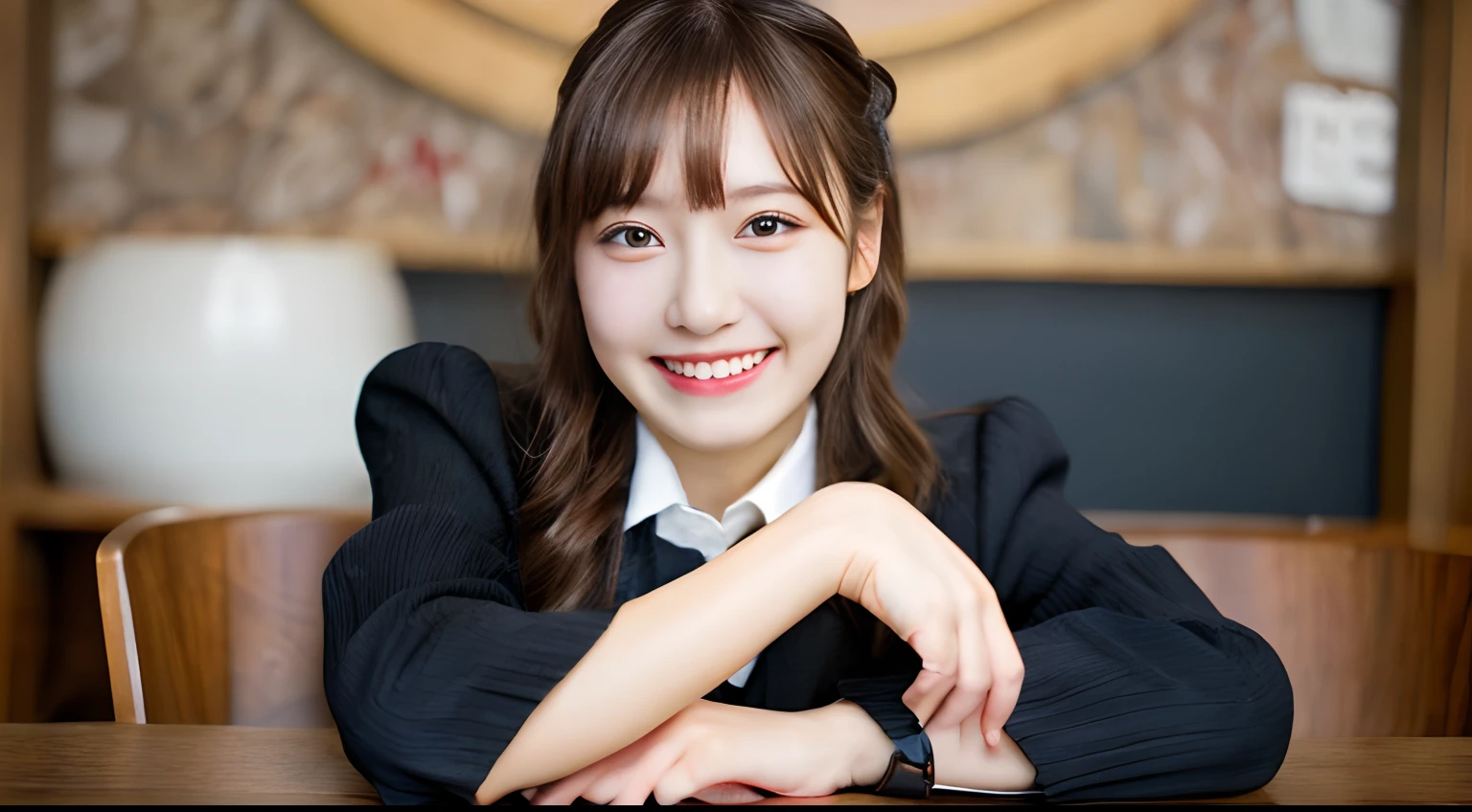 hight resolution,masutepiece,Best Quality,Extremely detailed, hyper realisitic, girl with, Sitting,a smile, hair wavy, In town, black pleats skirt, Black shoes, neck tie, open one's legs, Very beautiful,Cute, 8K Wallpaper, Fine detail, Very detailed 8k wallpaper、2 girls、((Random and cute facial expressions:1.5))