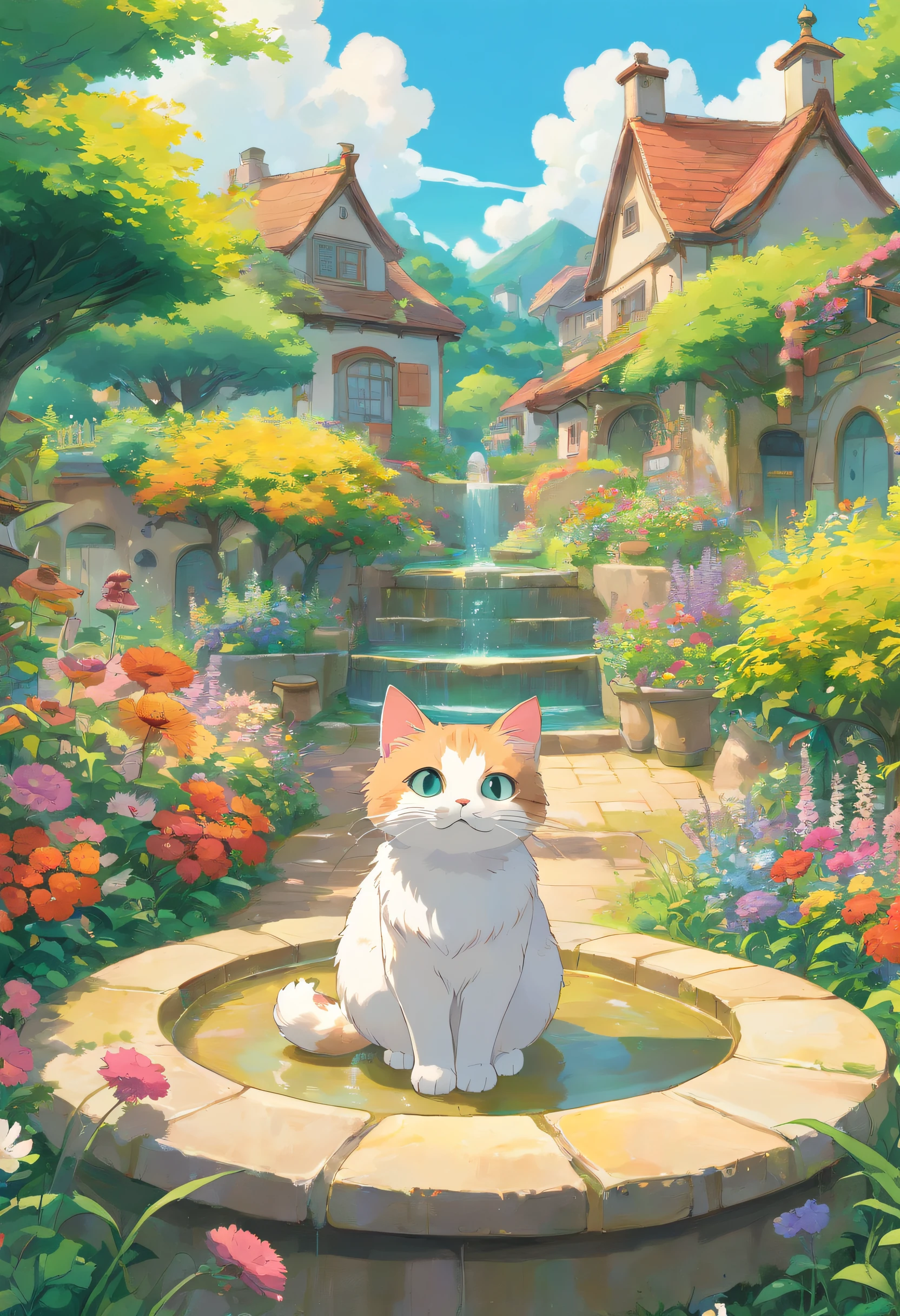 A round-eyed cute cat, Garden fountain, wildflowers, Distant houses