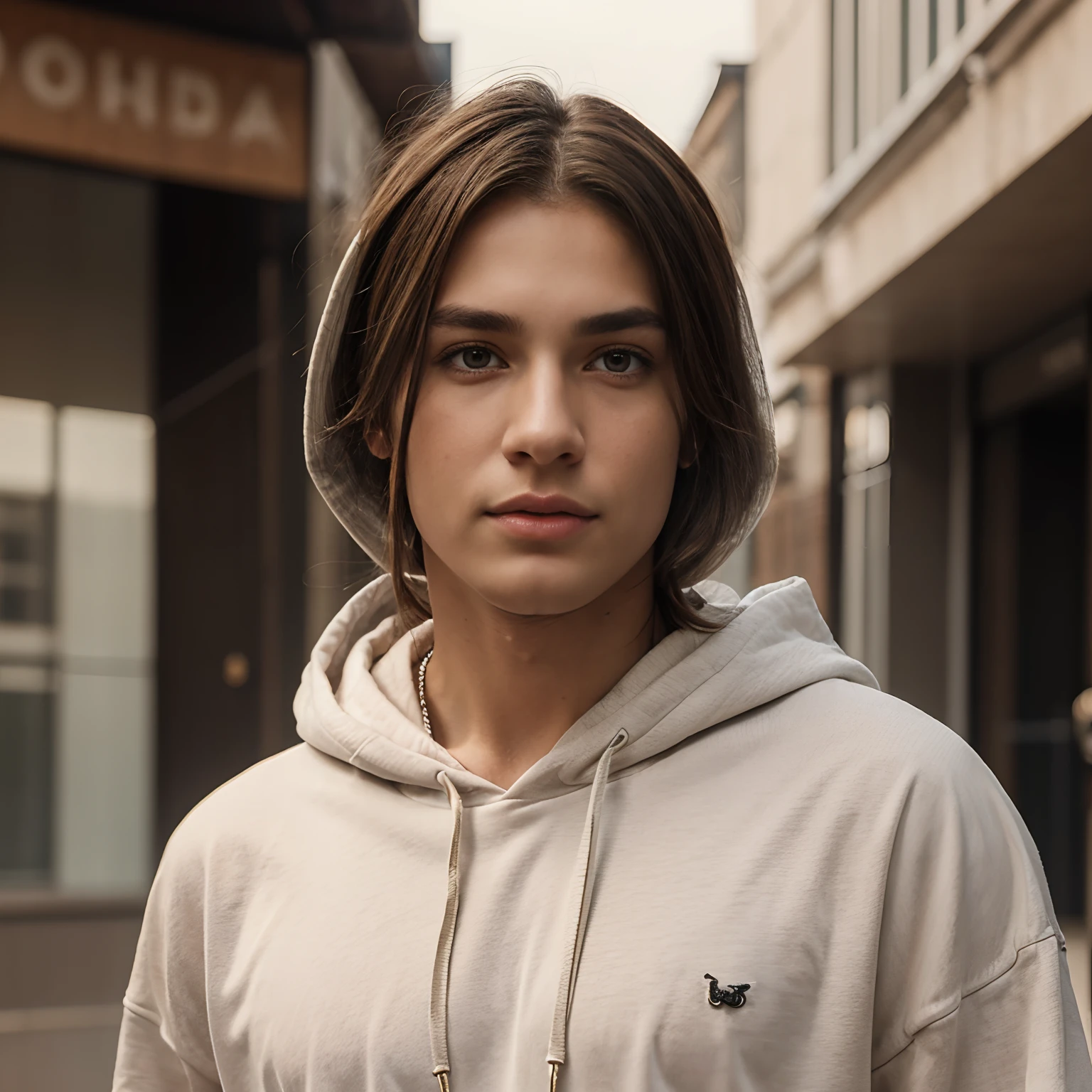Realistic human male, early 20’s, messy brown hair tied into a ponytail, hazel eyes, pale, skinny, hooded eyes, long eyelashes, smooth skin, thick straight eyebrows
