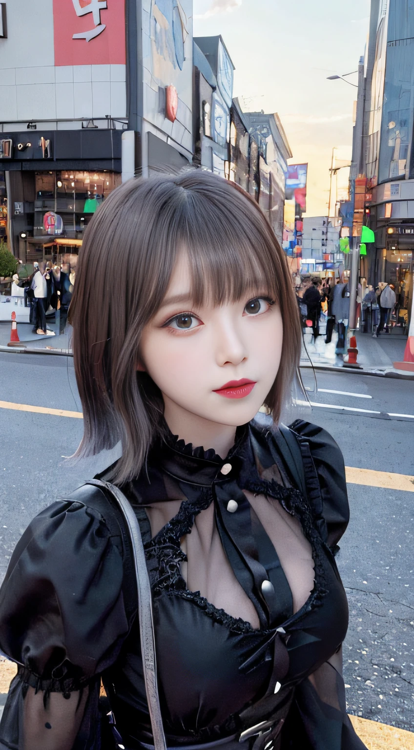 masterpiece、High-quality viewers、One beautiful model of JPNIODL、 only、Teapan、a pixie cut、 Clear face、natural make up,,,,、incredible high resolution、wide-angle lens、14mm lens、low angles、A detailed eye、Harajuku、Takeshita Street、slope、Cityscape at sunset、8K High Resolution、细致背景、 Gothic Lolita Fashion in Black Color,Tindall Effect、Back lighting、Drawing with enhanced hair details、A detailed face、more hair、Detailed nose、Detailed mouth、Detailed body、Paint with added hair details、Dynamic Pose