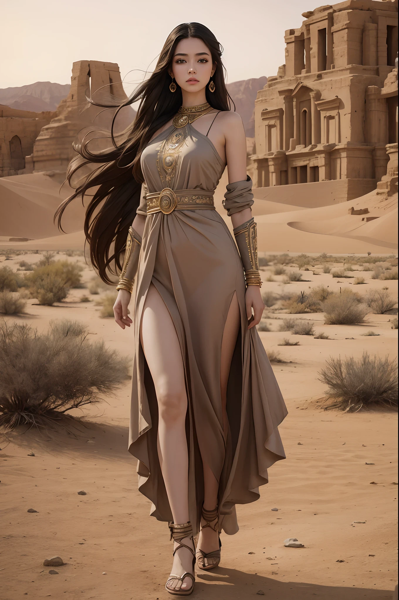 1girl, BalenciagaStyle, (masterpiece, best quality, realistic), long hair, full body shot, ancient city in desert as background, attractive pose, detailed eyes