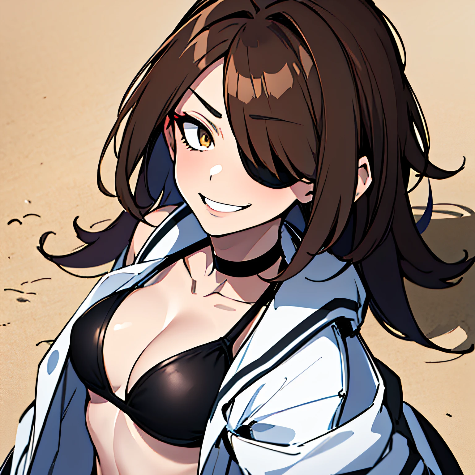 (absurdres, 8k, 4k, masterpiece, hyper extreme detailed:1.2), solo, 1girl, front view, portrait, best quality, expressive eyes, perfect face, 1girl, portrait, solo, standing, Female, toned body, mature female, small breasts, pale, hair covering one eye, dark brown hair, long hair, eyepatch, sarcastic, snarky, soldier, adult, hazel eyes, delinquent, sarcastic, white jacket tied around waist, brown swimsuit, two piece, bikini, beach background, hand to head, smirk, beach towel, crazy eyes, messy hair, swept bangs, midriff,