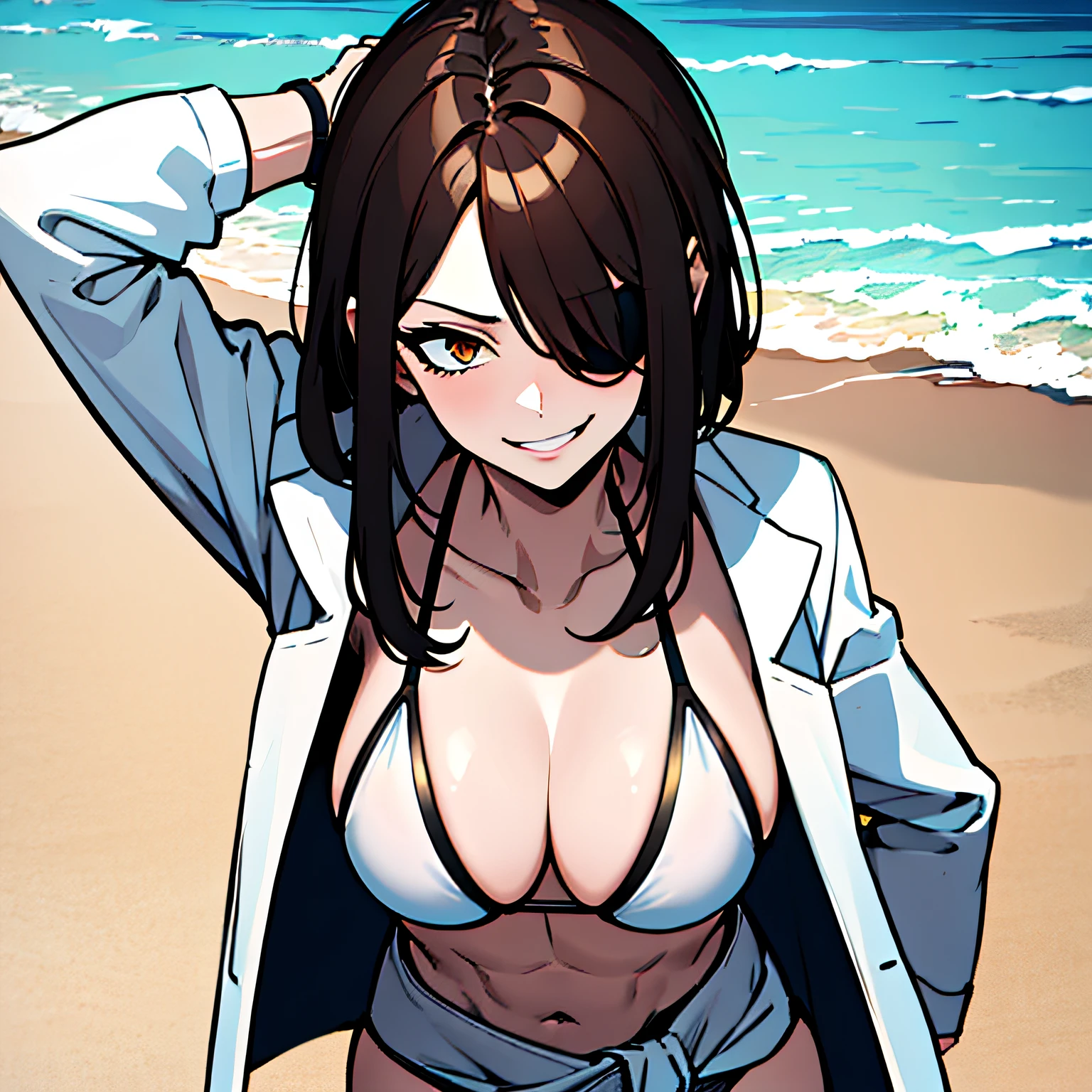 (absurdres, 8k, 4k, masterpiece, hyper extreme detailed:1.2), solo, 1girl, front view, portrait, best quality, expressive eyes, perfect face, 1girl, portrait, solo, standing, Female, toned body, mature female, small breasts, pale, hair covering one eye, dark brown hair, long hair, eyepatch, sarcastic, snarky, soldier, adult, hazel eyes, delinquent, sarcastic, white jacket tied around waist, brown swimsuit, two piece, bikini, beach background, hand to head, smirk, beach towel, crazy eyes, messy hair, swept bangs, midriff,